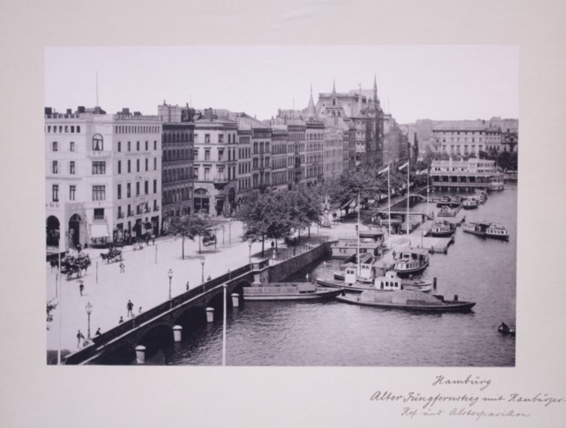Albumin Fotos 3 St.Hamburg Hafen um 1920Jungfernstieg / 2 Hafenbilderhandschriftlich bez.