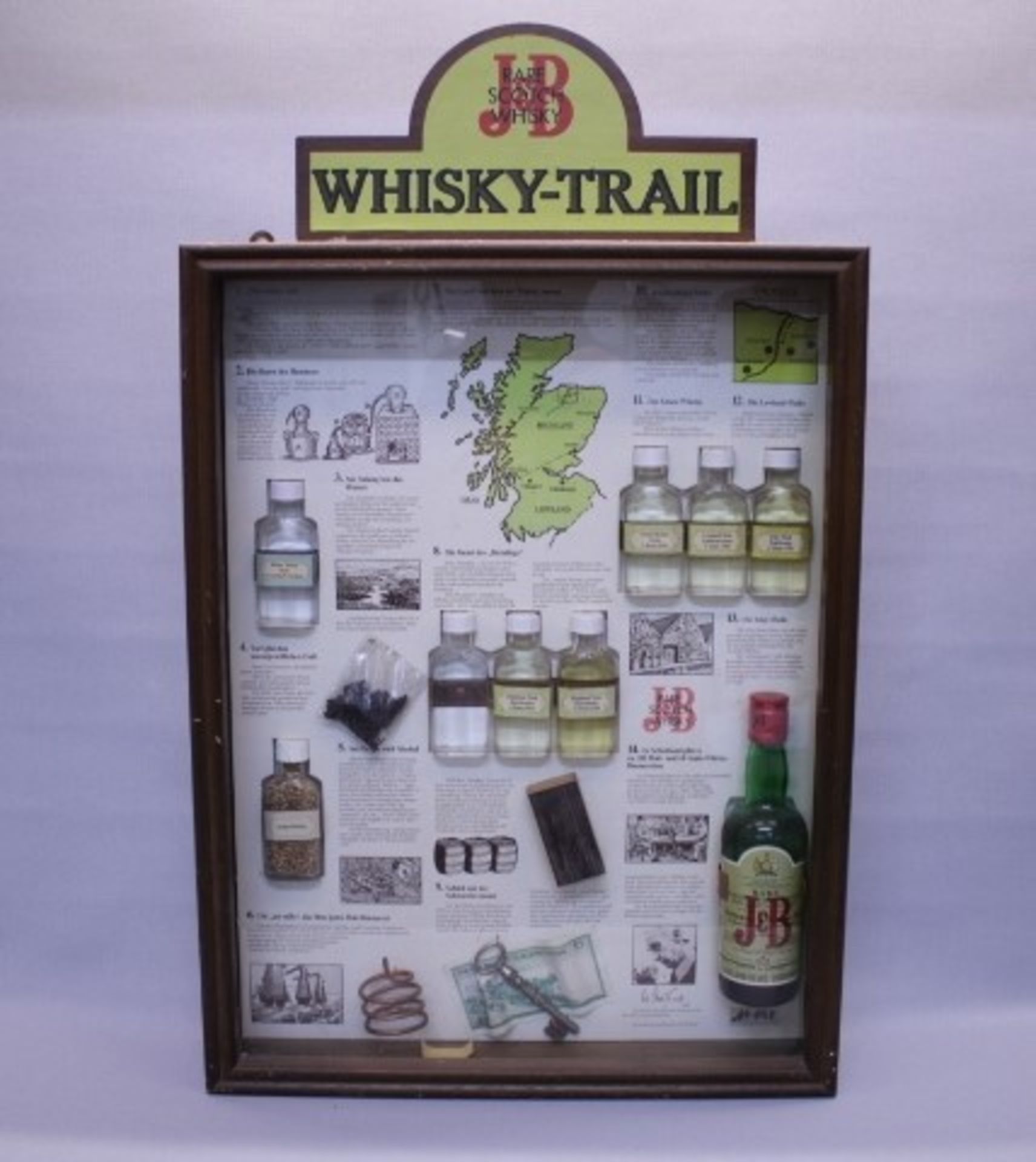 J & B Whisky-TrailWerbevitrinemit Darstellung der Whiskyherstellungwohl um 1970