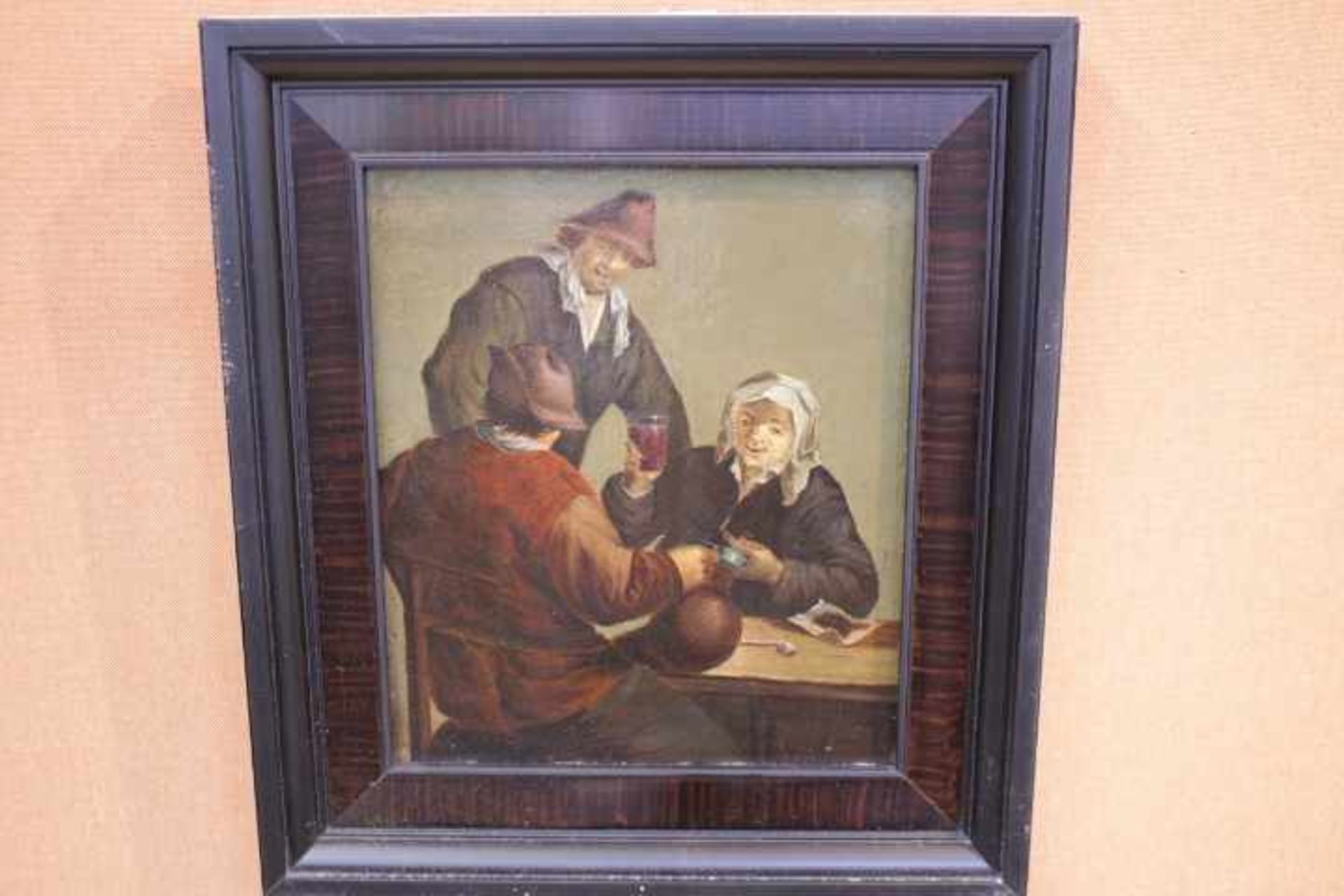 Ostade Adriaen von. Attr.? Wirtshausszene «wohl 17.Jhdt.17x19cmÖl/PlatteHinterglas Gerahmt/