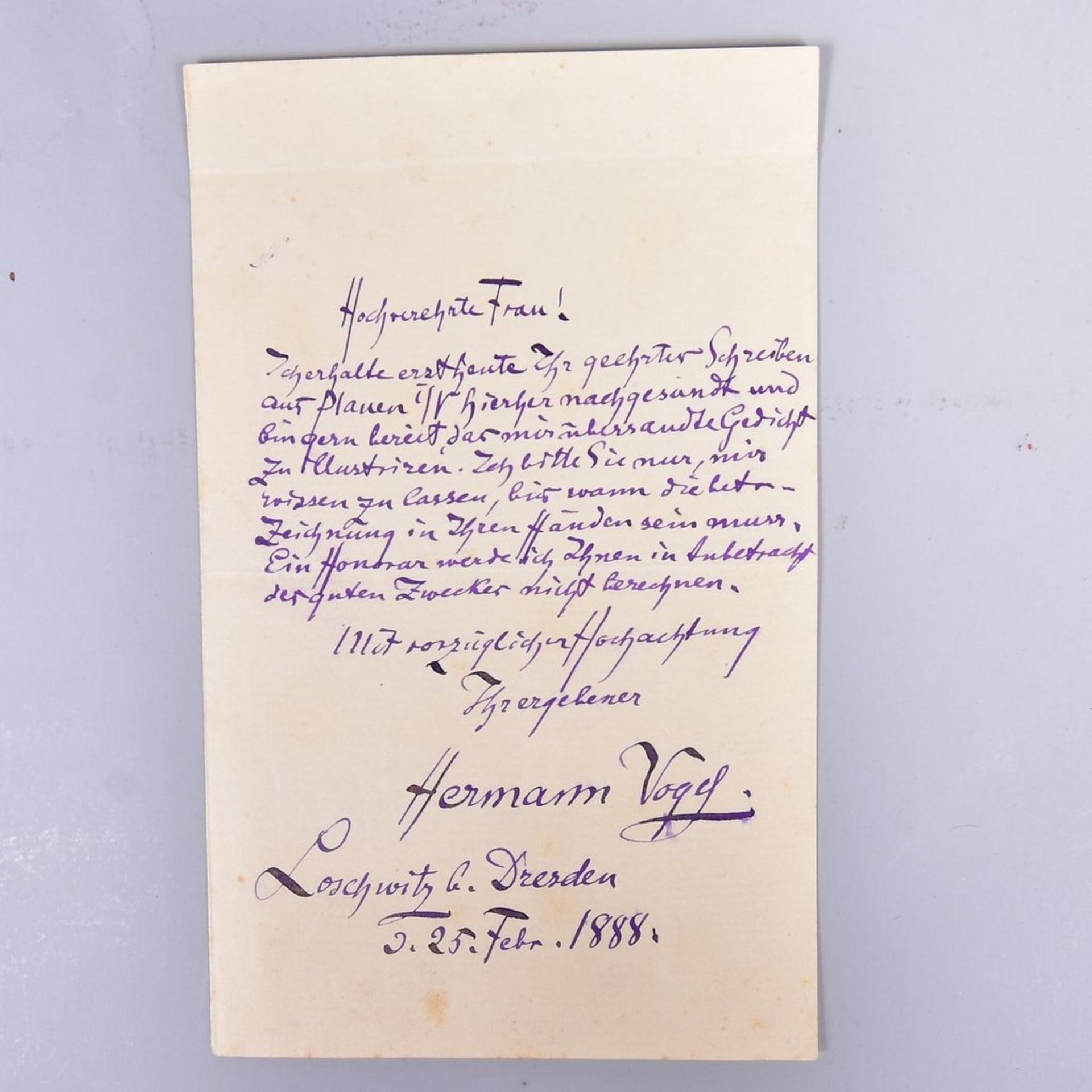 Original-Brief handgeschrieben von Hermann Vogel Loschwitz b. Dresden 25.Febr.1888 an die