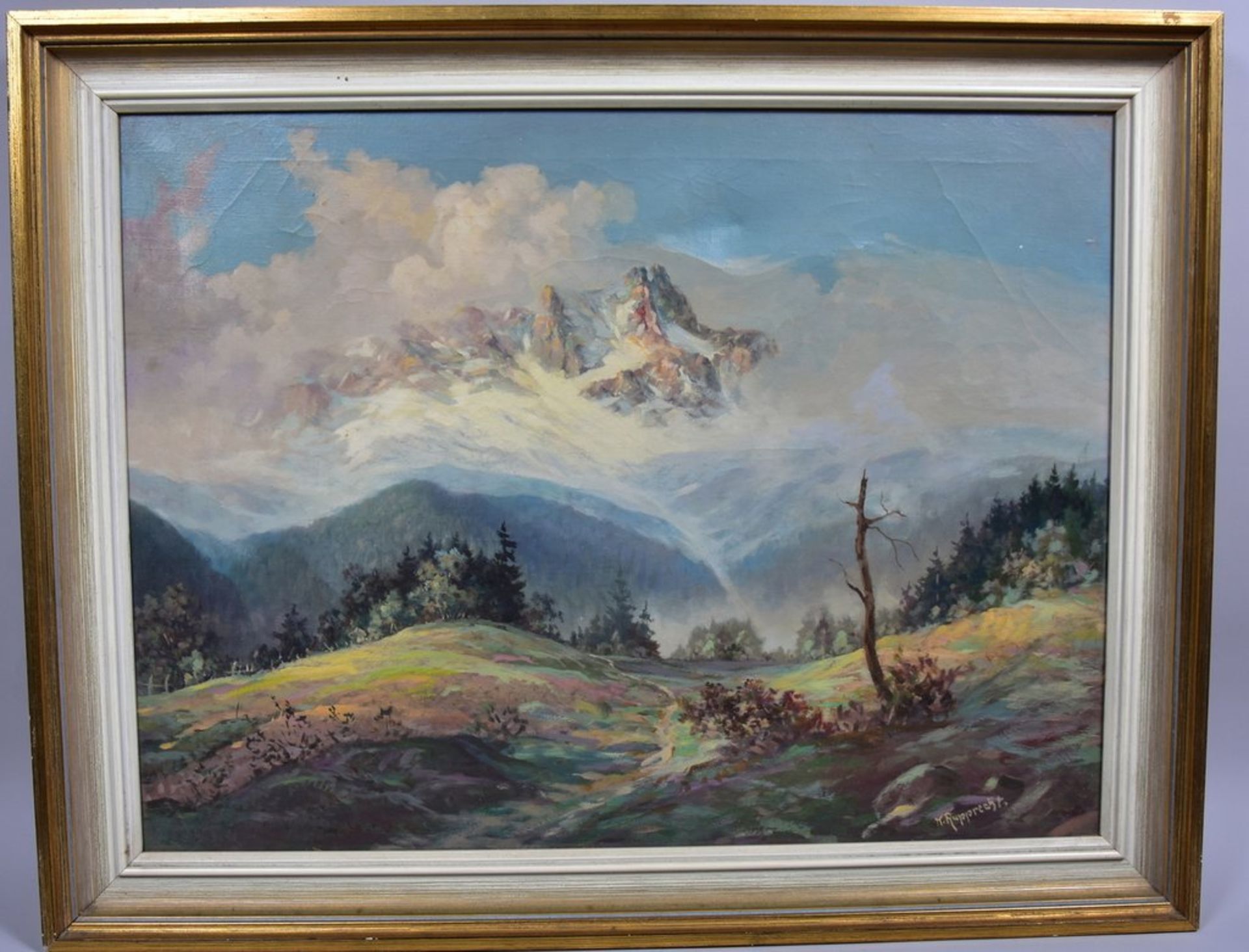 Kurt Rupprecht, deutscher Kunstmaler, stimmungsvoller Sonnenaufgang mit Morgennebel in den Bergen,