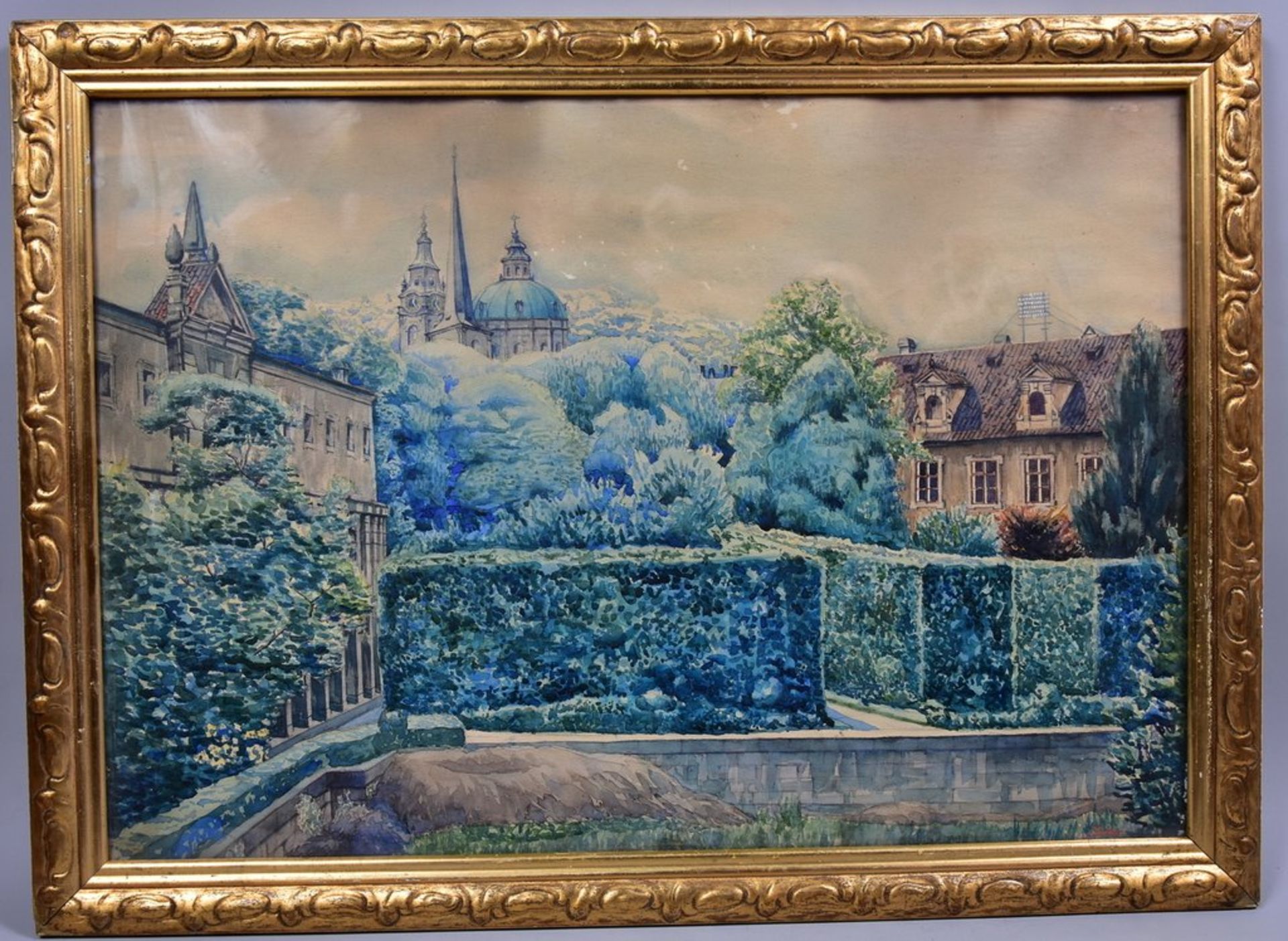 Ansicht von Prag aus einem Park mit Prager Berg im Hintergrund, Aquarell, signiert Sainer, Gemälde