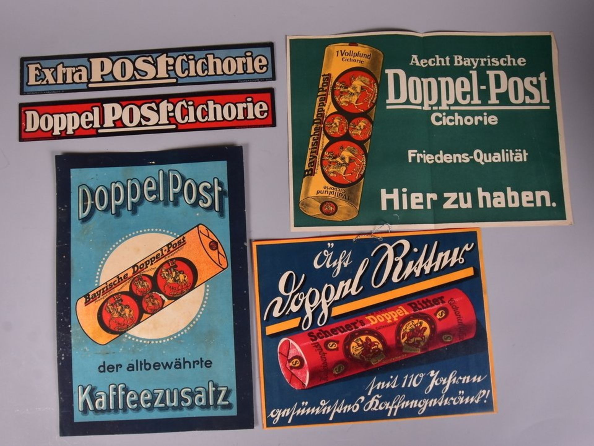 " Doppel-Post-Cichorie", 5 Teile um 1920: Aufhänger Scheuer`s Pappe 28 x 22,5 cm, Plakat