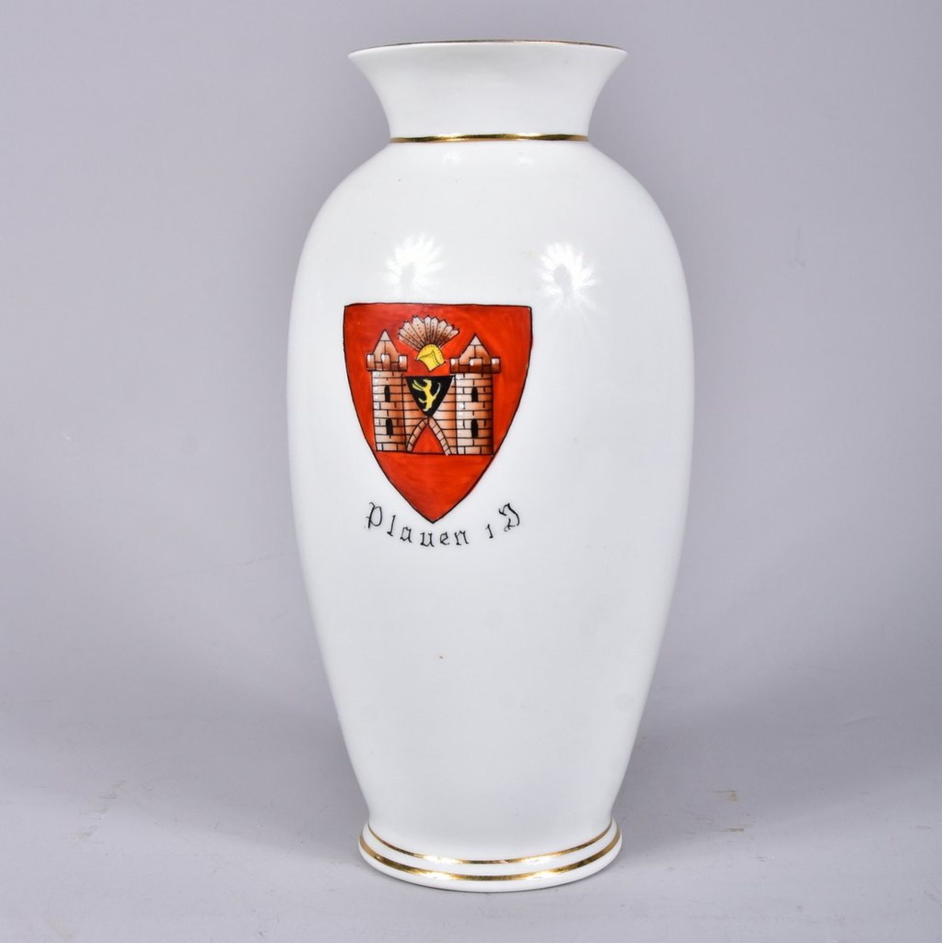 Große Vase mit Wappen " Plauen i. Vogtland", handbemalt,um 1950, gemarkt VEB Lichte Schmiedefeldt,