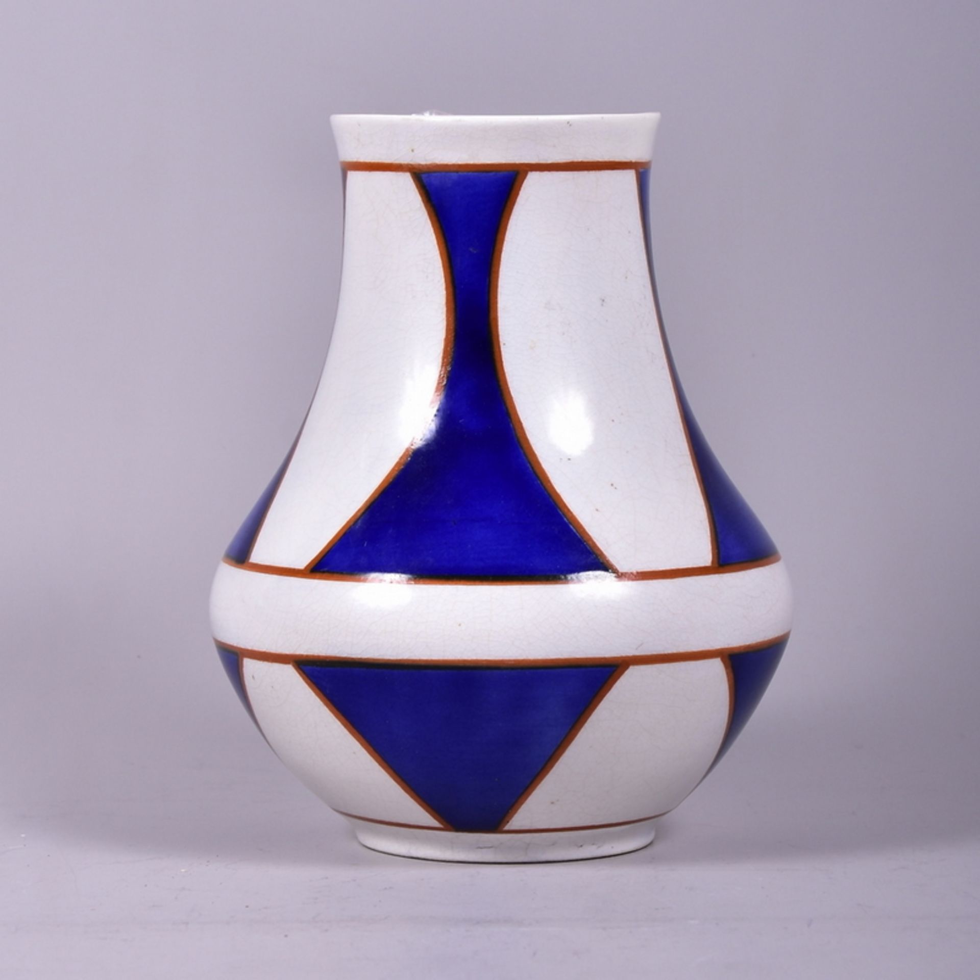 Art Déko Vase, schw. Stempelmarke, Modellnr.: 812, krakeliert, beiger Scherben, braun und blau