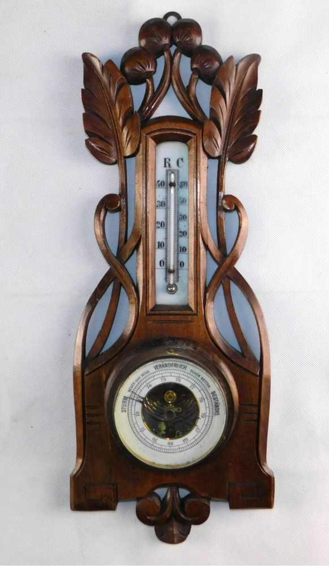 Barometer Thermometer Jugendstil, deutsch um 1900, florale Schnitzereien