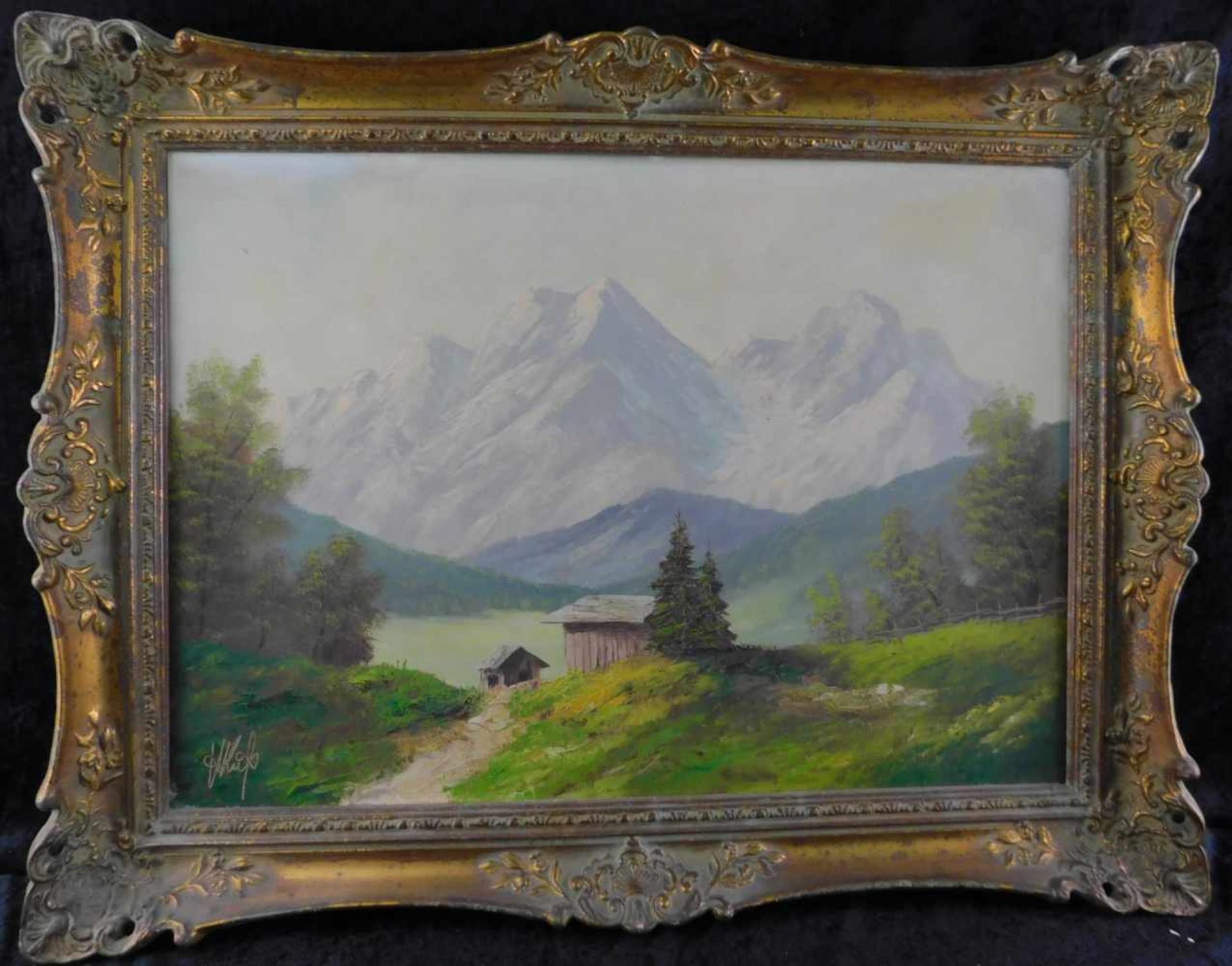 Gemälde "Hütte im Voralpenland" m.R., signiert nach H. Kuß, 2. Hl. 20. Jhdt.