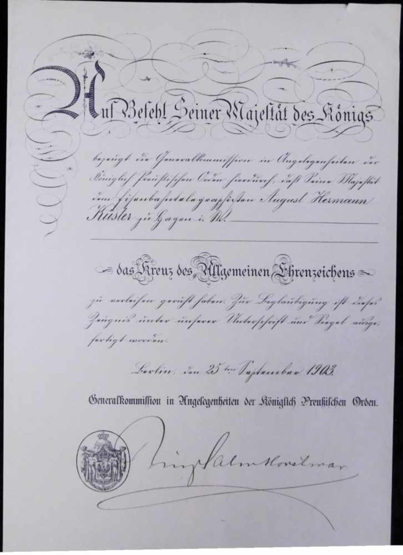 Urkunde Kreuz des Allgemeinen Ehrenzeichens 25.Sept. 1903, Auf Befehl seiner Majestät des