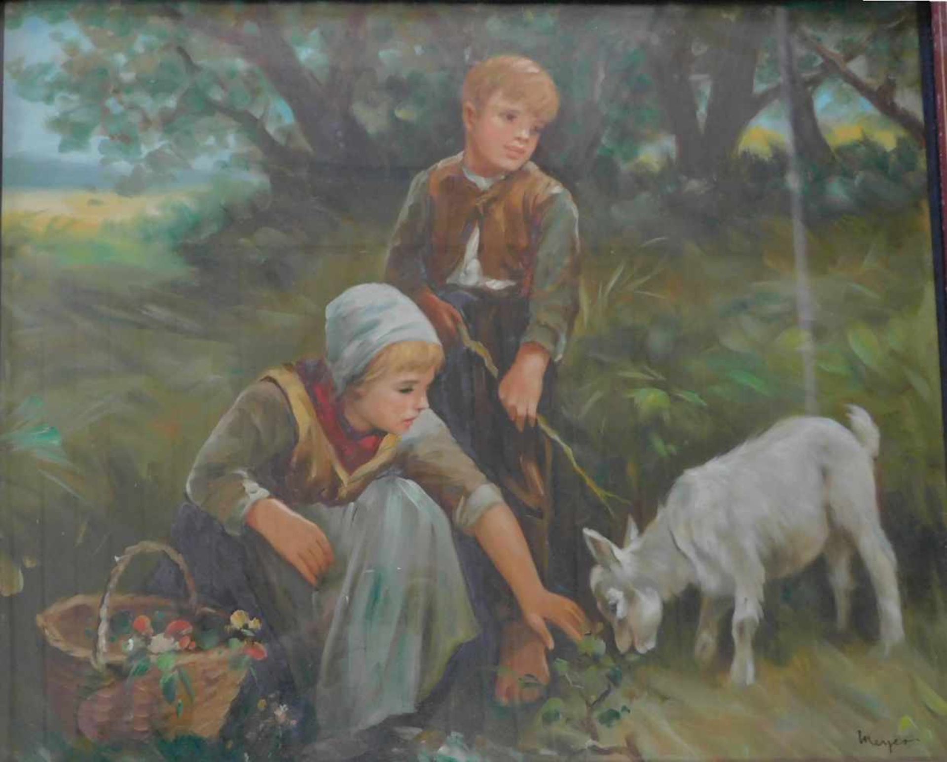 Meyer, Kinder mit Ziege, Öl auf Leinwand, signiert unten rechts, 1. H. 20. Jhdt., m.R. - Bild 3 aus 5