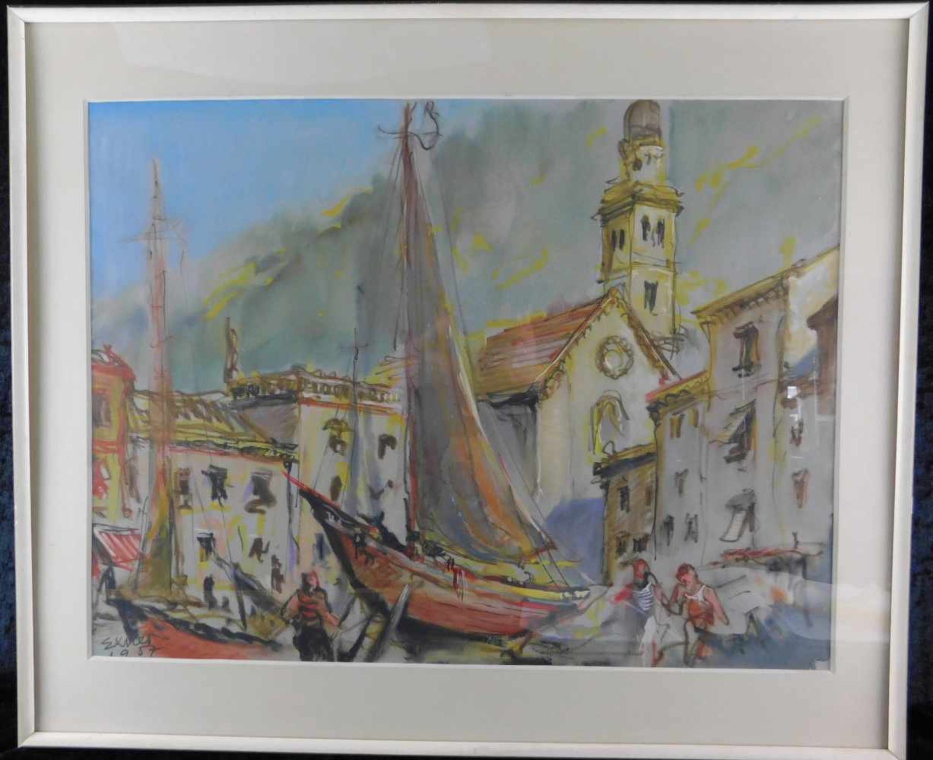 Erwin Exner, 1915 Wien - 1995 Wagrain, Mediterrane Hafenansicht, Aquarell auf Papier, signiert und