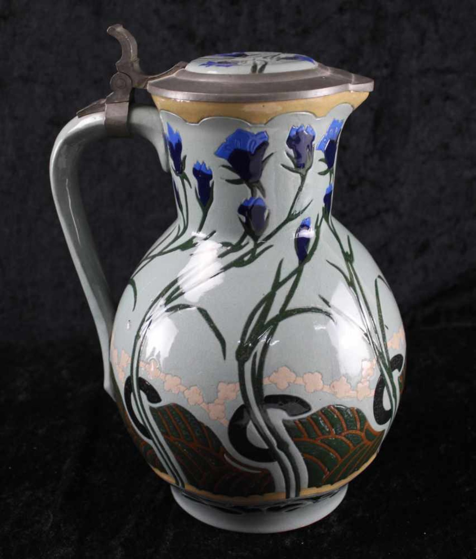 Flämische Keramik, Vlaams Aardewerk, Weinkrug um 1920, Zinndeckel
