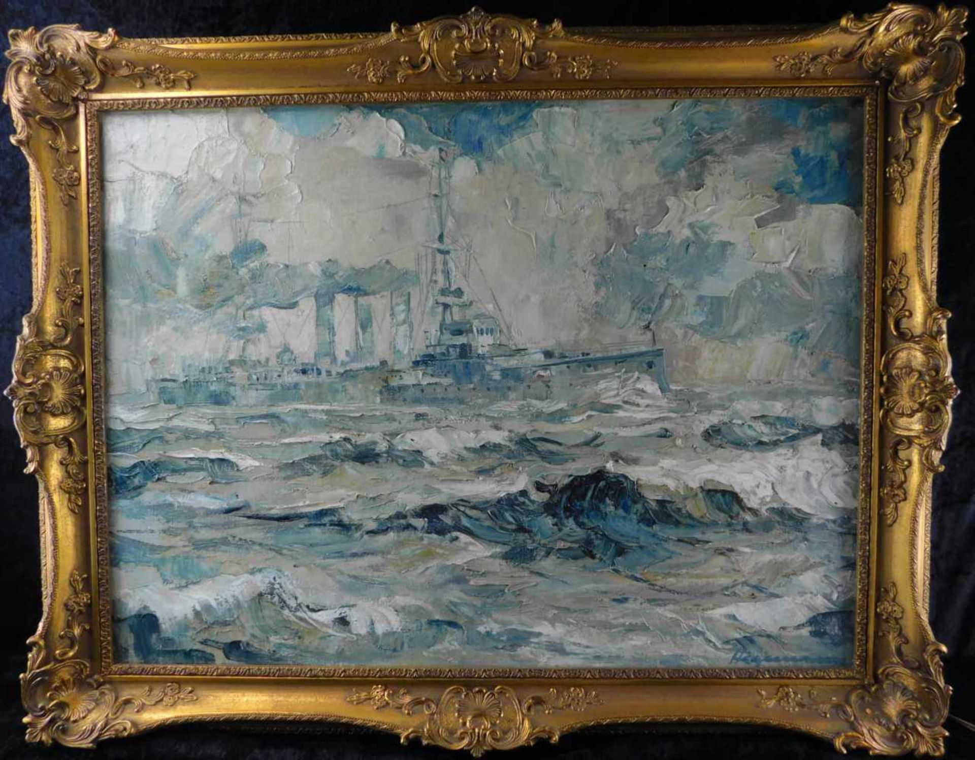 Hegemann, Schlachtschiff auf hoher See, Gemälde Öl auf Leinwand, Mitte 20. Jhdt., m.R.