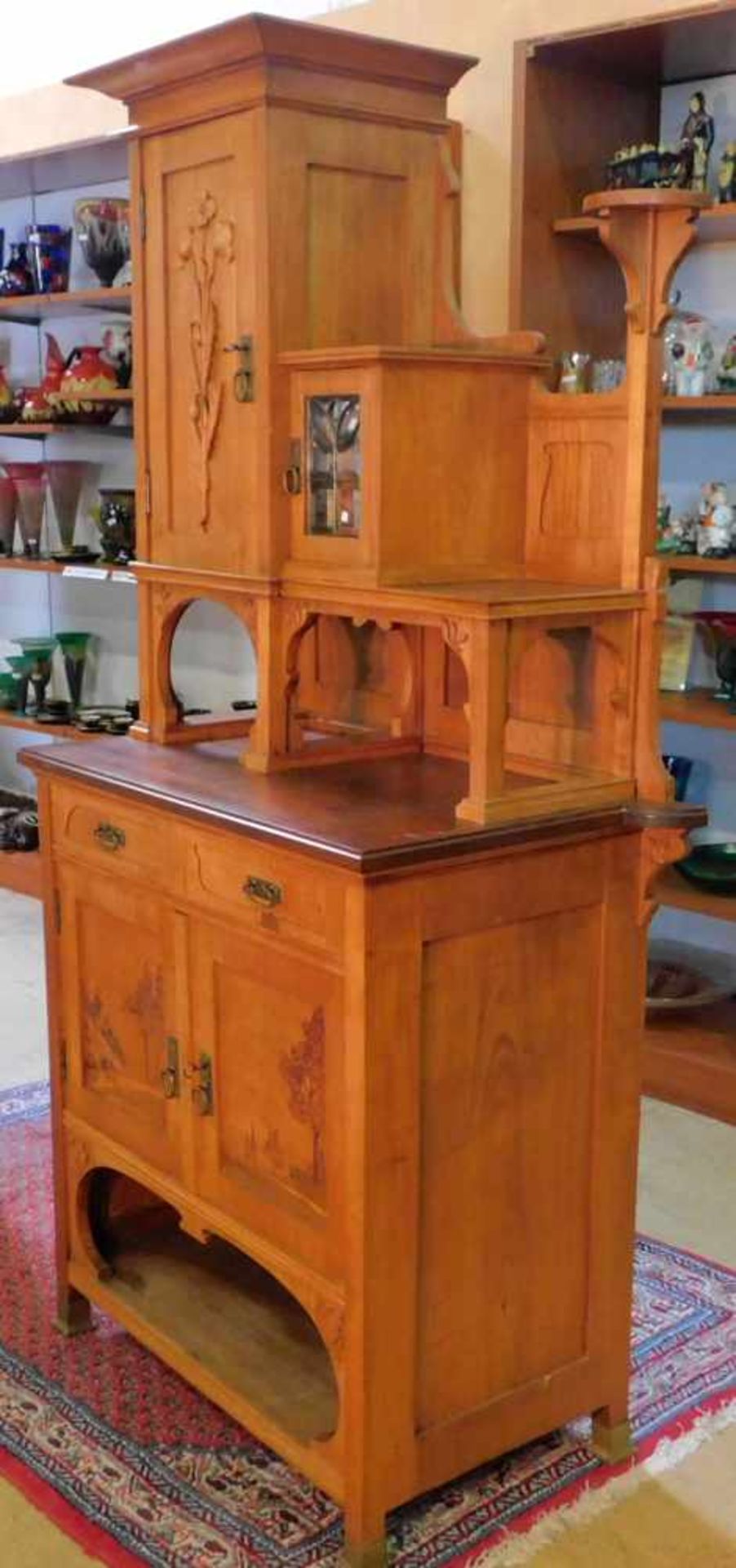 Jugendstil Aufsatzschrank, Kirsche, Nussbaum u.a.edle Hölzer, deutsch um 1900 - Bild 2 aus 6