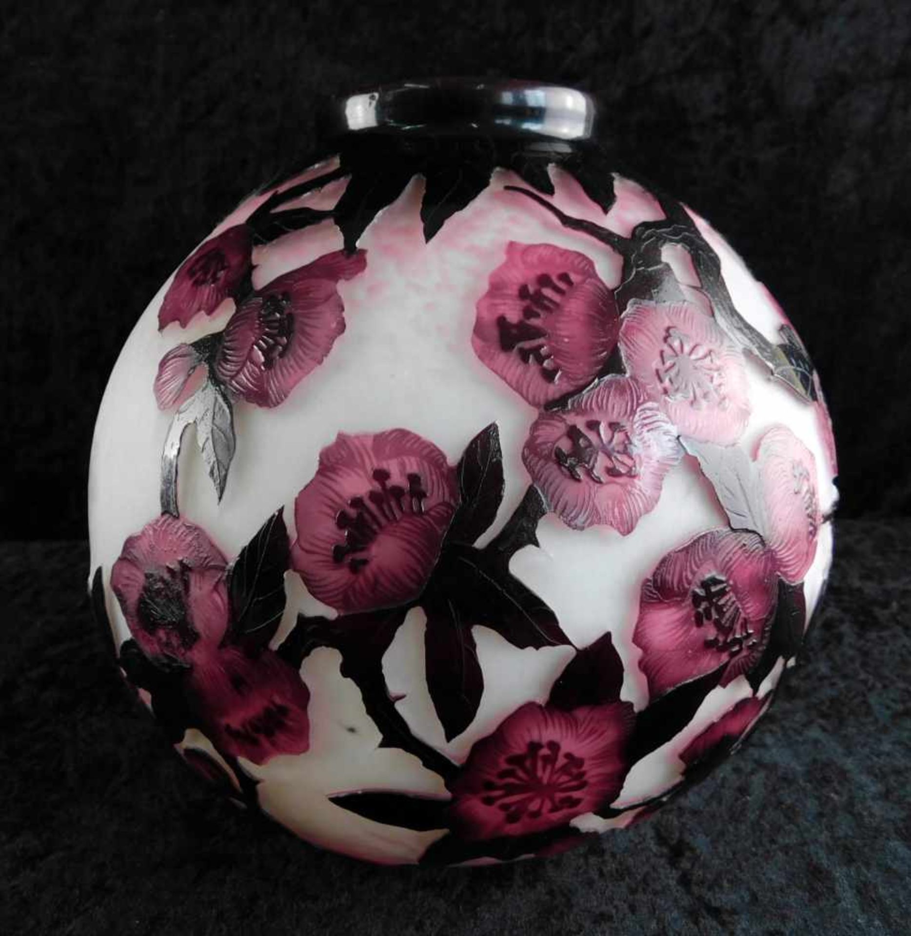 André Delatte, Nancy, Kugel-Vase um 1925, Kirschblüten mit Vogel - Bild 2 aus 4