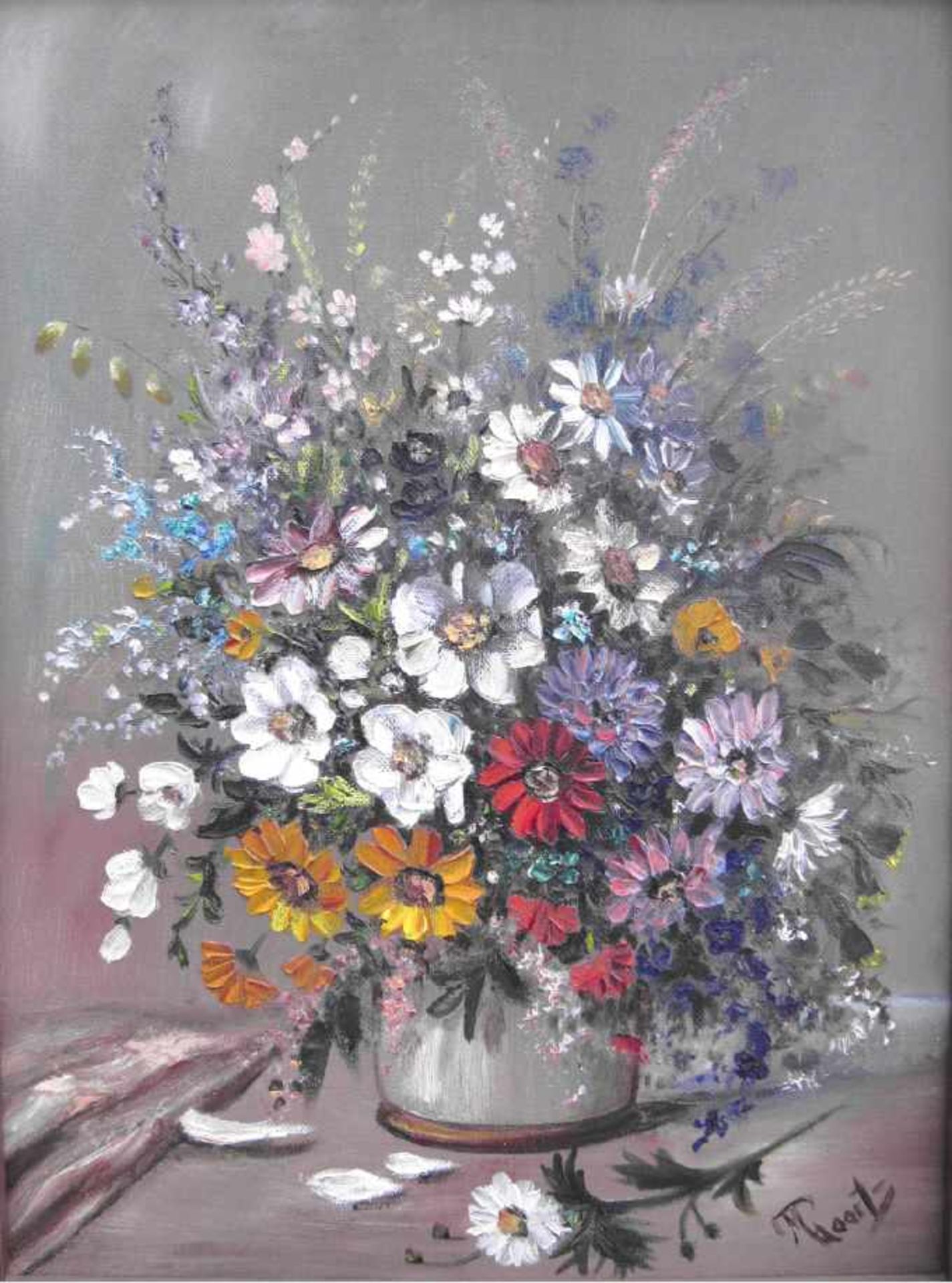 M. Poorts, Stillleben, Wildblumen in Vase, Öl auf Leinwand, signiert, m.R. - Bild 2 aus 6