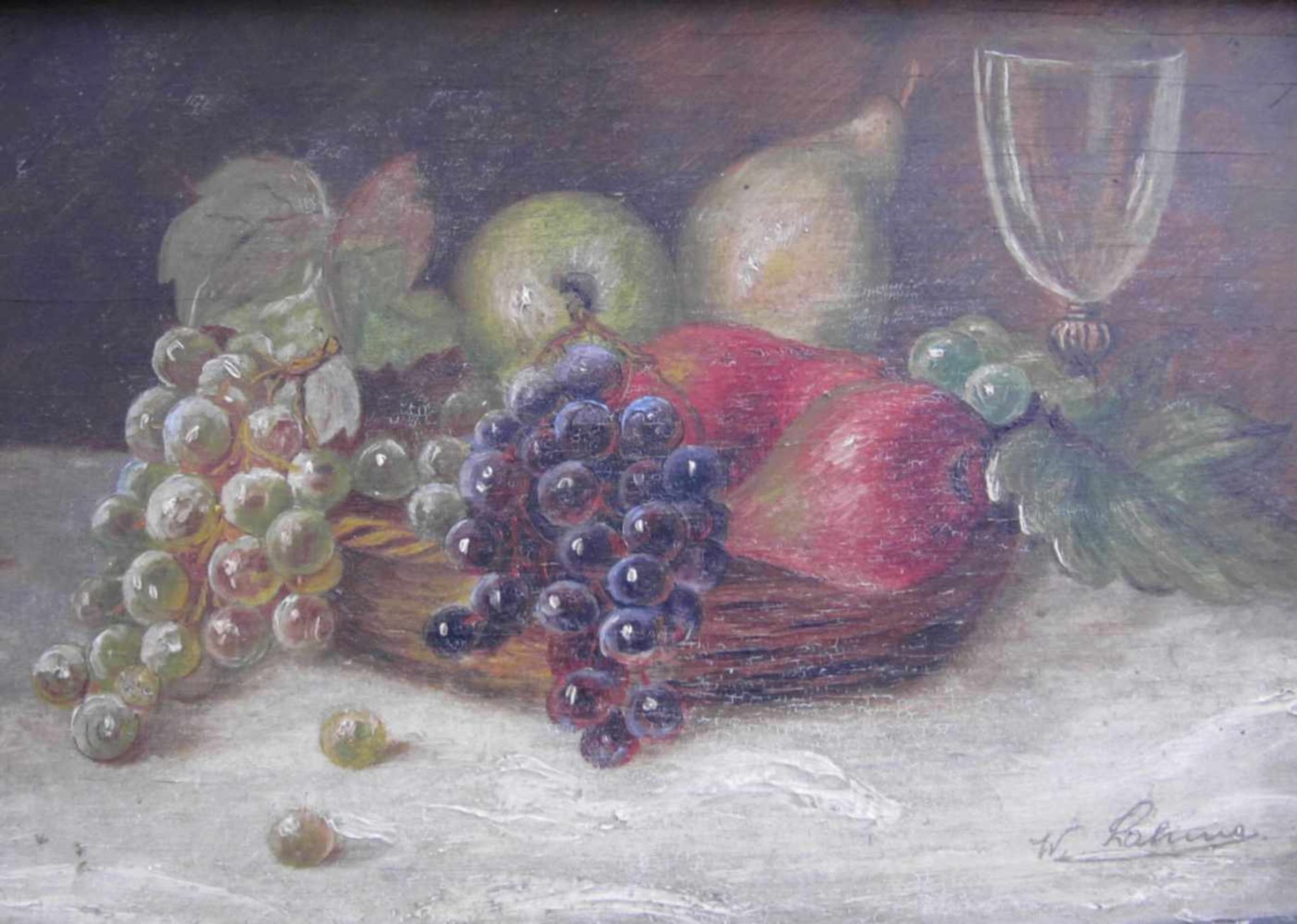 W. Lahme,1. H. 20.Jhdt., Früchte-Stillleben, Öl auf Holz, signiert unten rechts, m.R. - Bild 2 aus 5