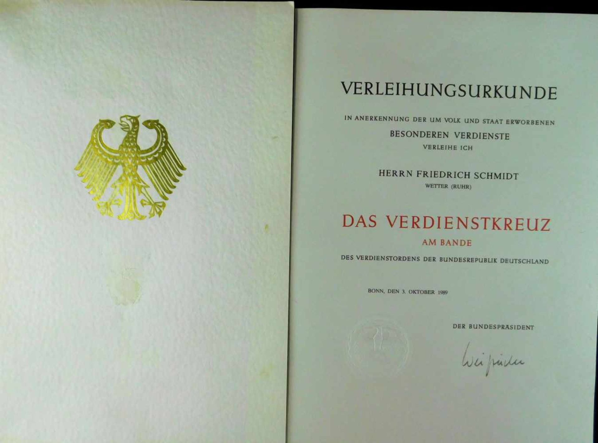 Verdienstkreuz der BRD 1989 im Etui, Verleihungsurkunde u. Empfehlungen z. Trageweise d. - Bild 4 aus 6