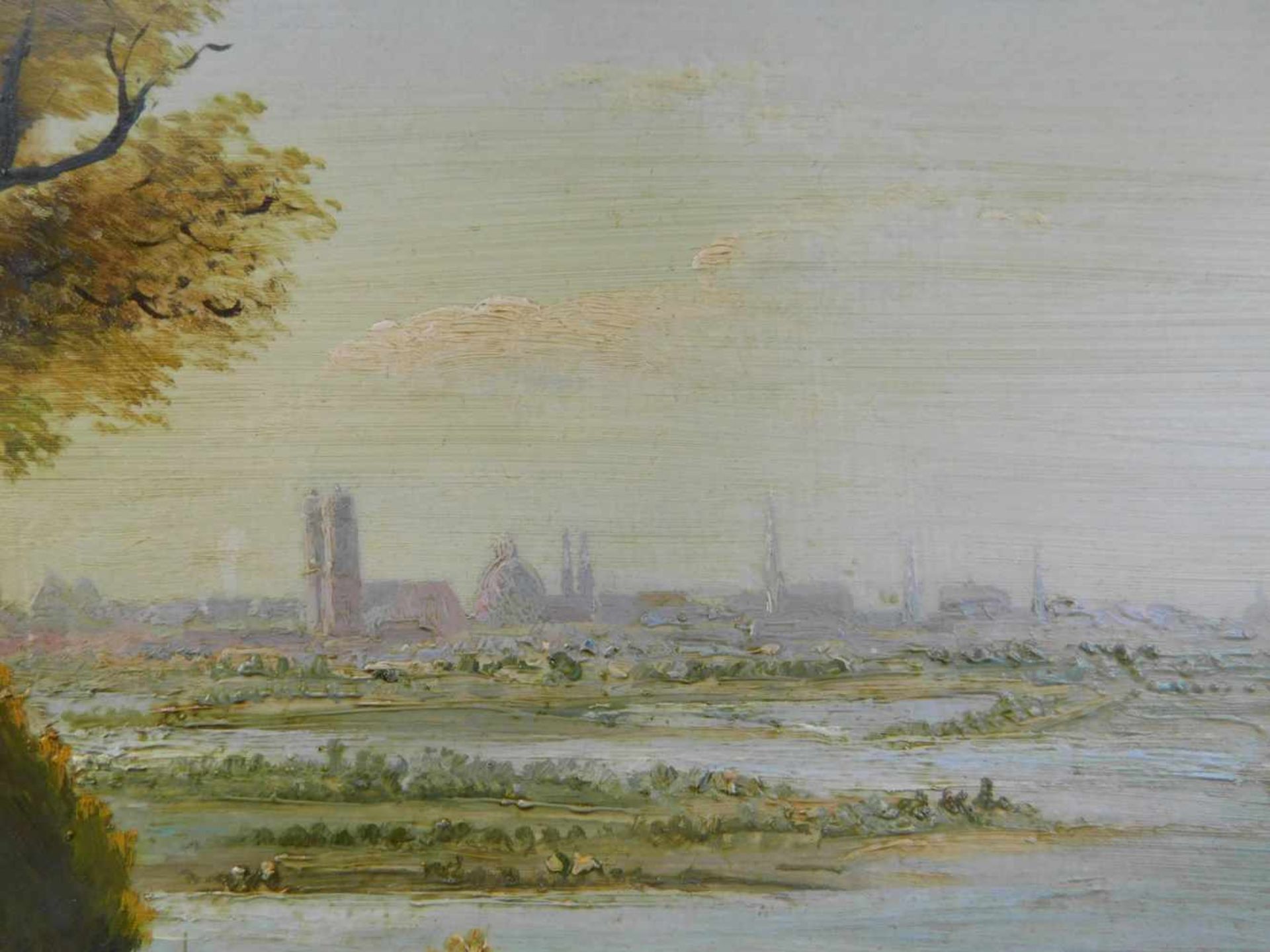 Unbek. Künstler, Flusslandschaft mit Stadtsilhouette, Öl auf Platte, 1.H.20.Jhdt., m.R. - Bild 3 aus 5