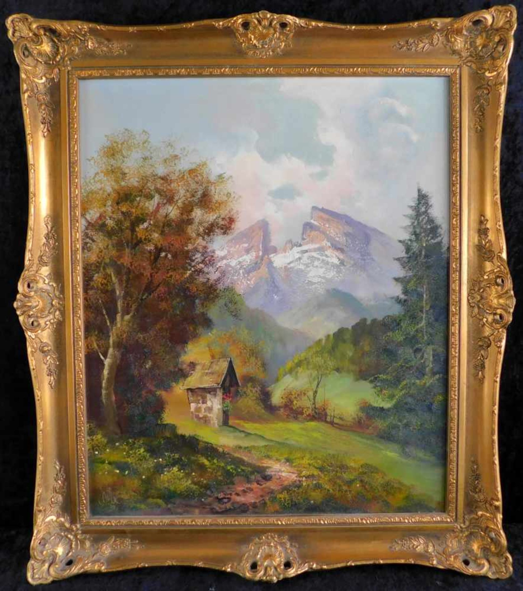 Unbek. Künstler, 2.H.20.Jhdt., Alpenlandschaft mit Materl, Öl auf. Leinwand, signiert unten links,
