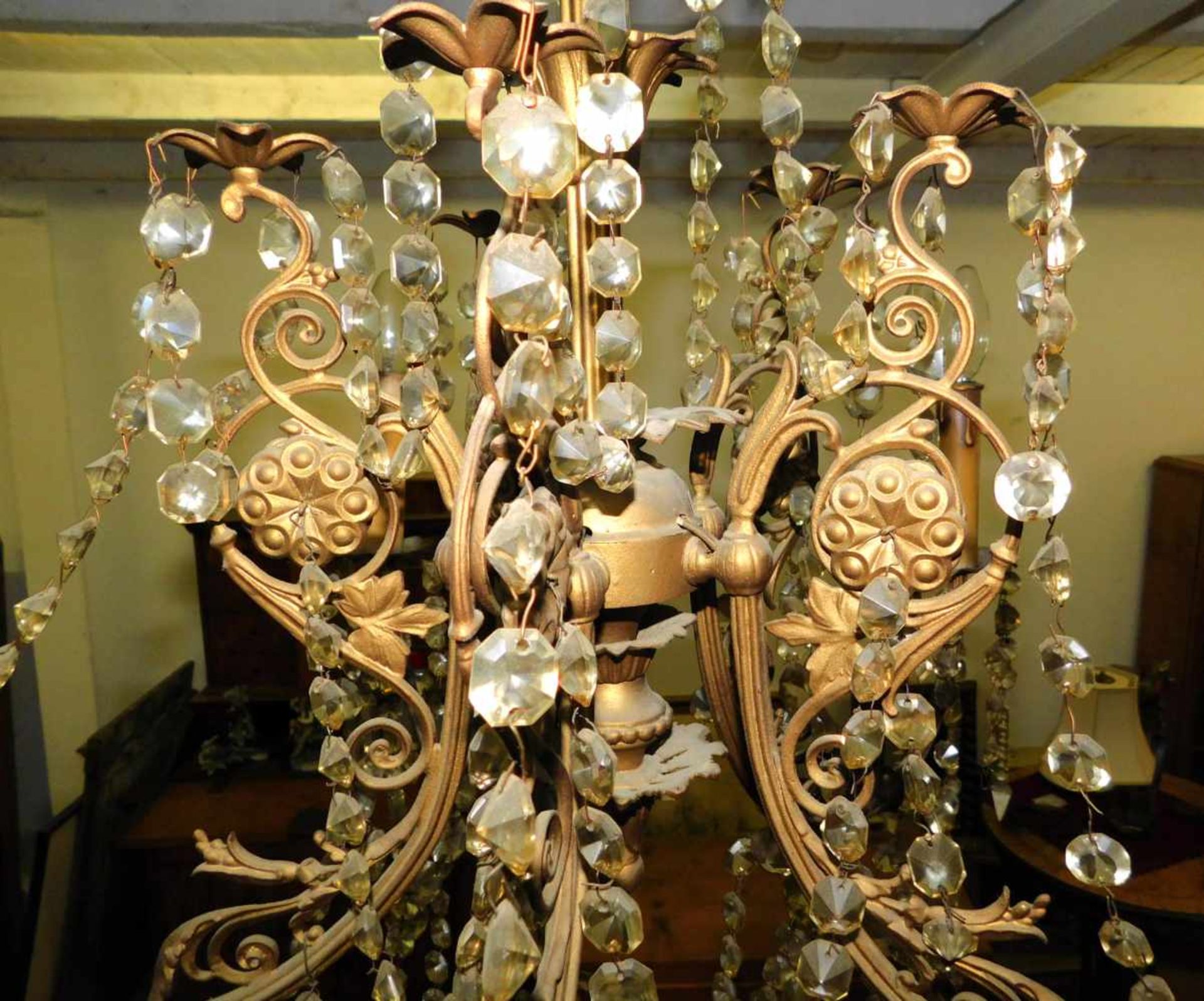 Lüster, Deckenlampe, 1890 - 1910, Messing mit Kristallprismen, 5-armig, Höhe 100 cm, Ø ca. 70 - Bild 3 aus 5