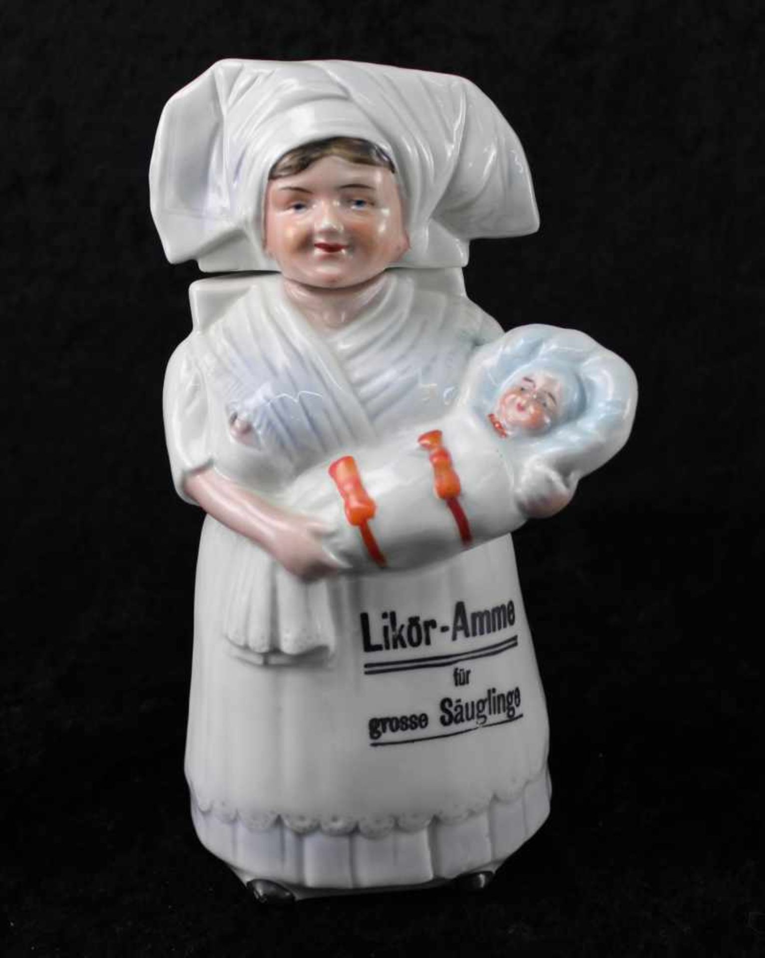 Schnapsflasche, humoristische Darstellung, Amme mit Baby, Feinsteinzeug um 1920