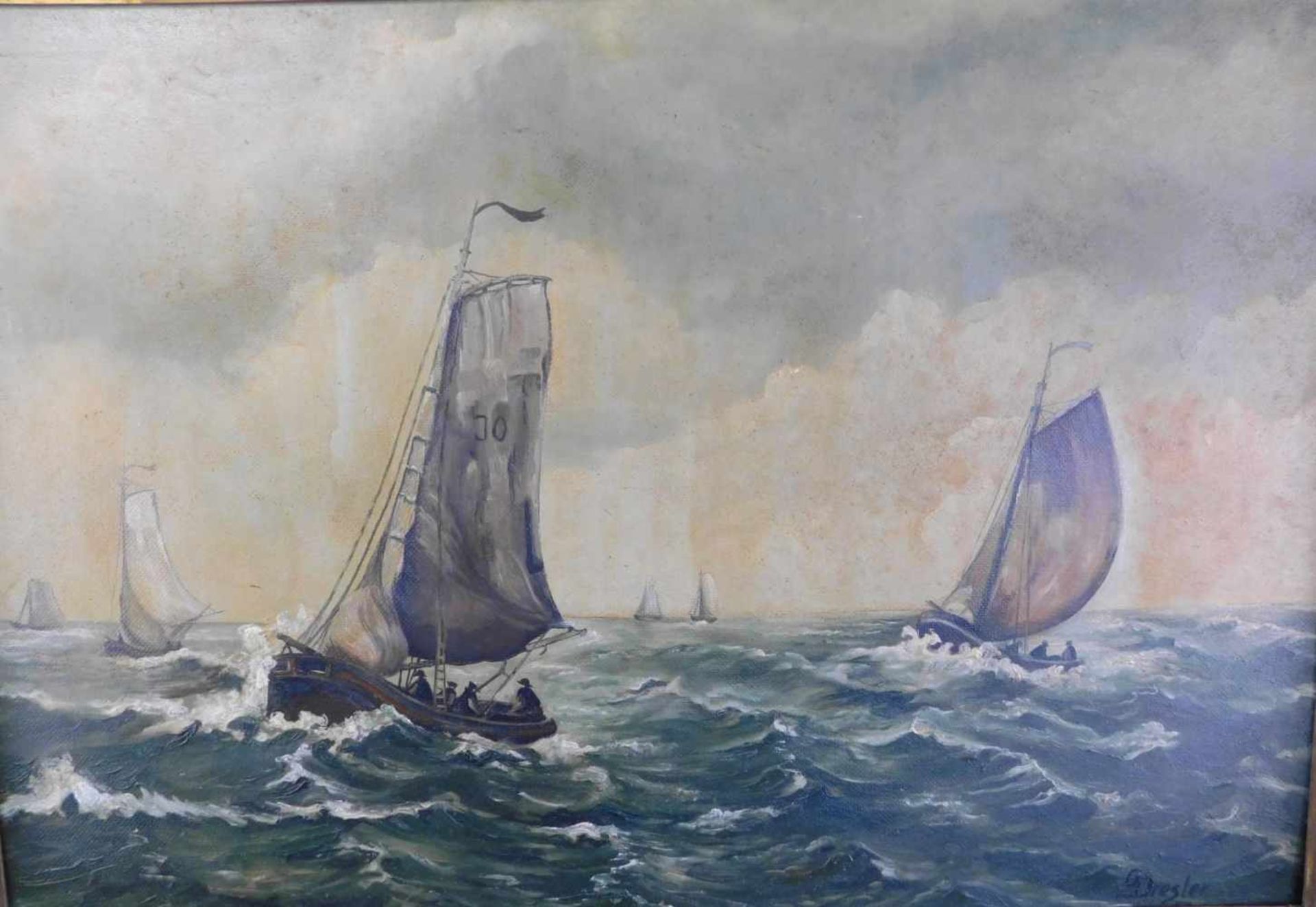 G. Dresler,20.Jhdt., Segelboote in rauher See, signiert u. dat. (19)57 unten rechts, m.R. - Bild 2 aus 6