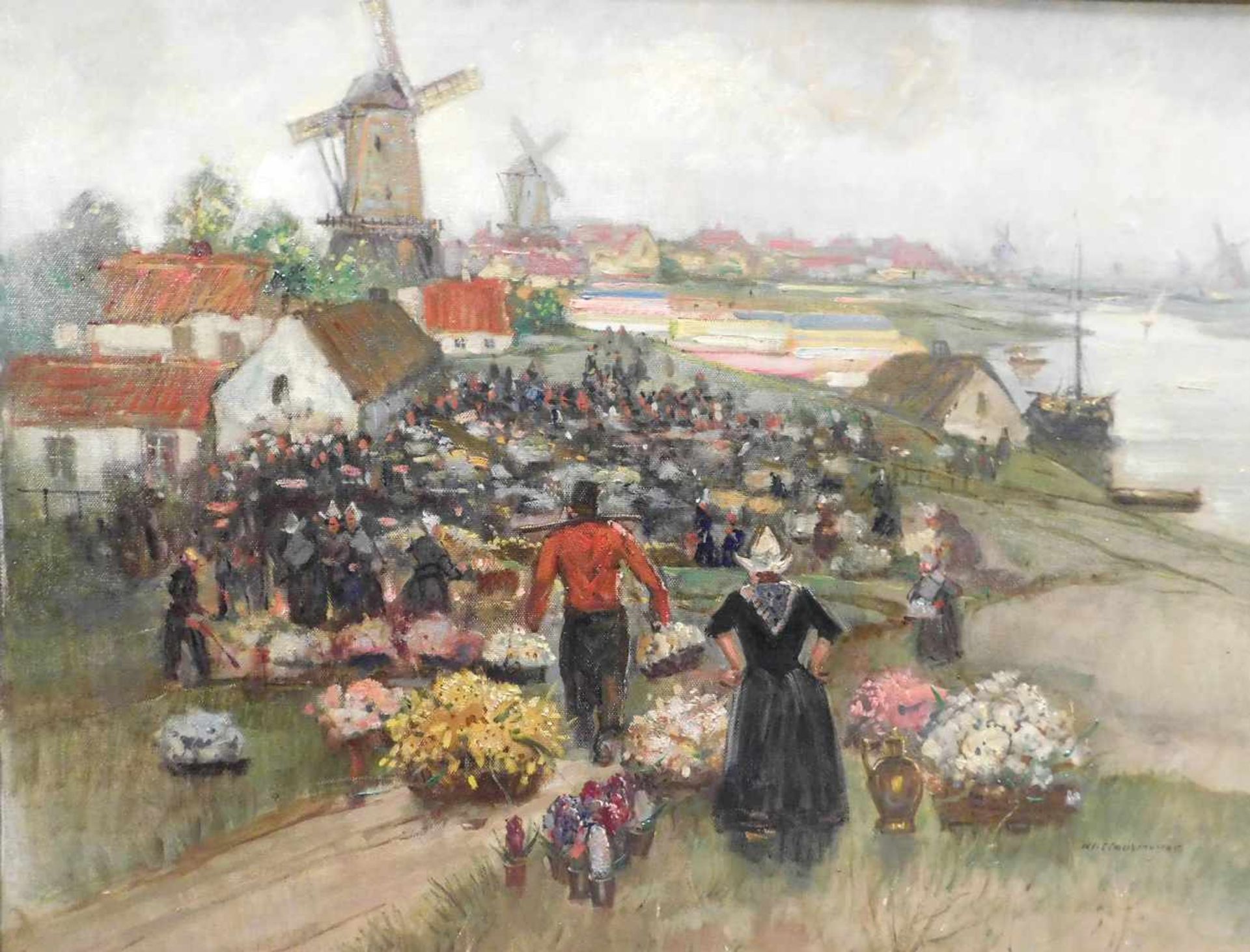 Klaus Clausmeyer, 1887 Düsseldorf - 1968 Düsseldorf, Holländischer Blumenmarkt, Öl auf Leinwand, m. - Bild 2 aus 8