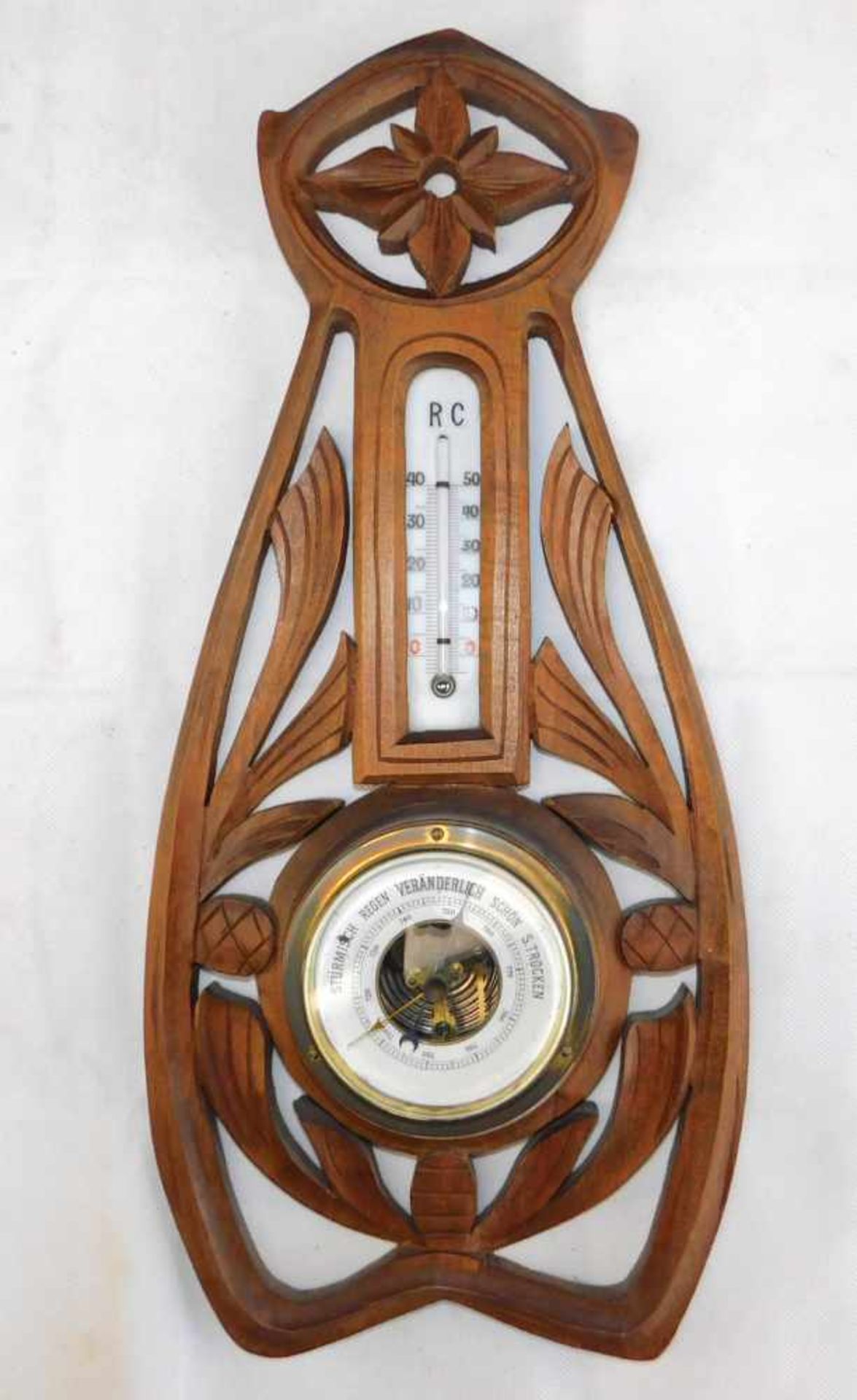 Barometer Thermometer Jugendstil, deutsch um 1900, Nussbaum, florale Schnitzereien
