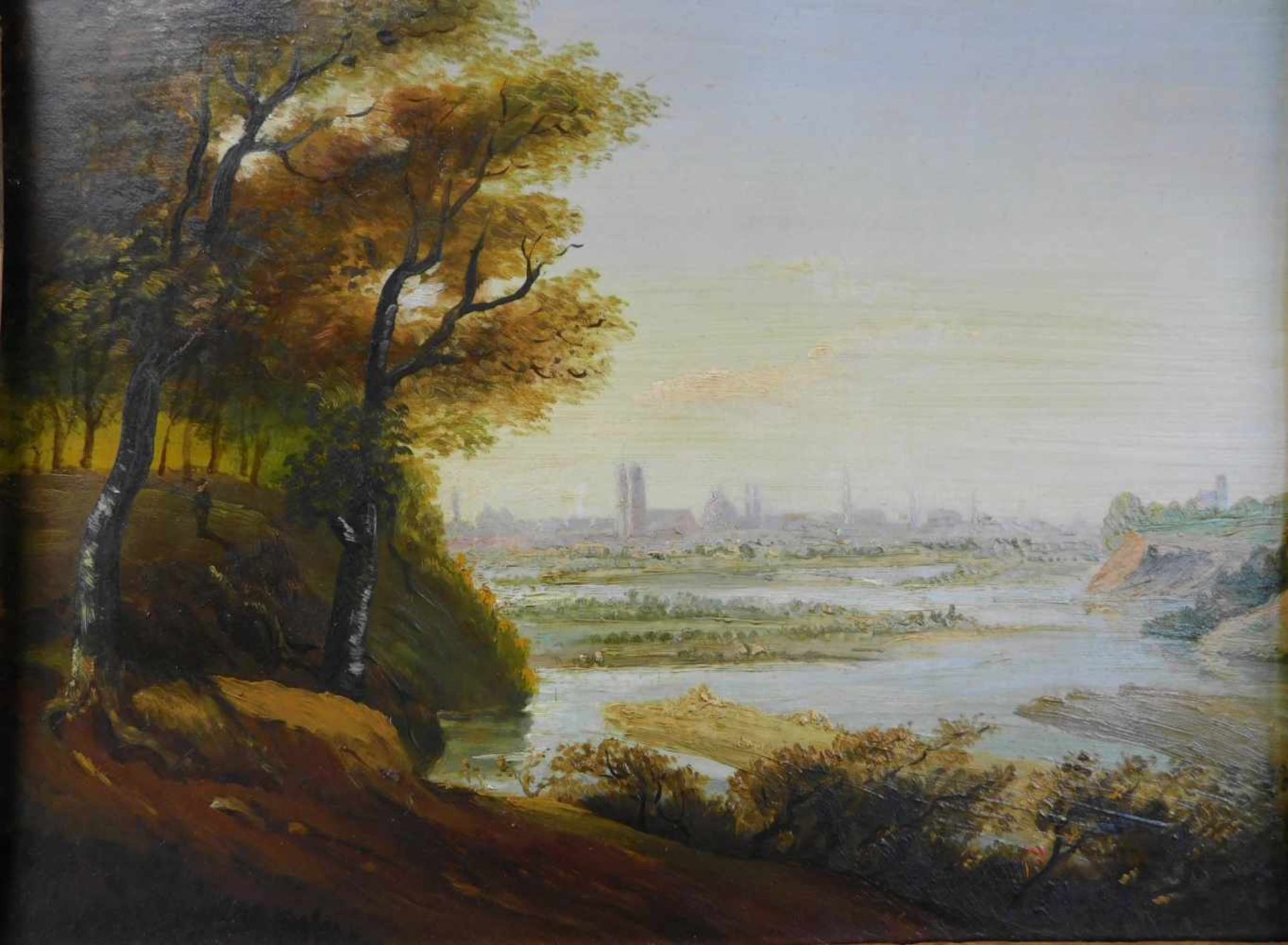 Unbek. Künstler, Flusslandschaft mit Stadtsilhouette, Öl auf Platte, 1.H.20.Jhdt., m.R. - Bild 2 aus 5