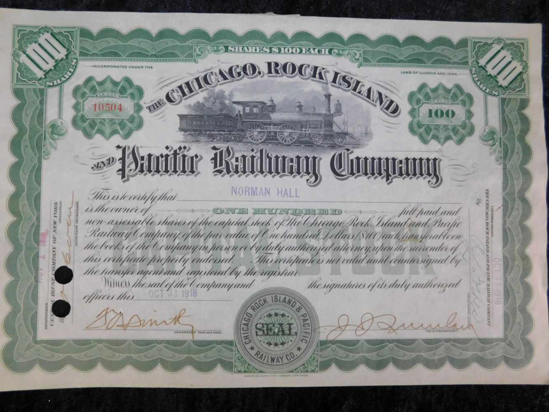 Aktie "Chicago, Rock Island" and Paritir Railway Company, 31.10.1916, 100 Shares