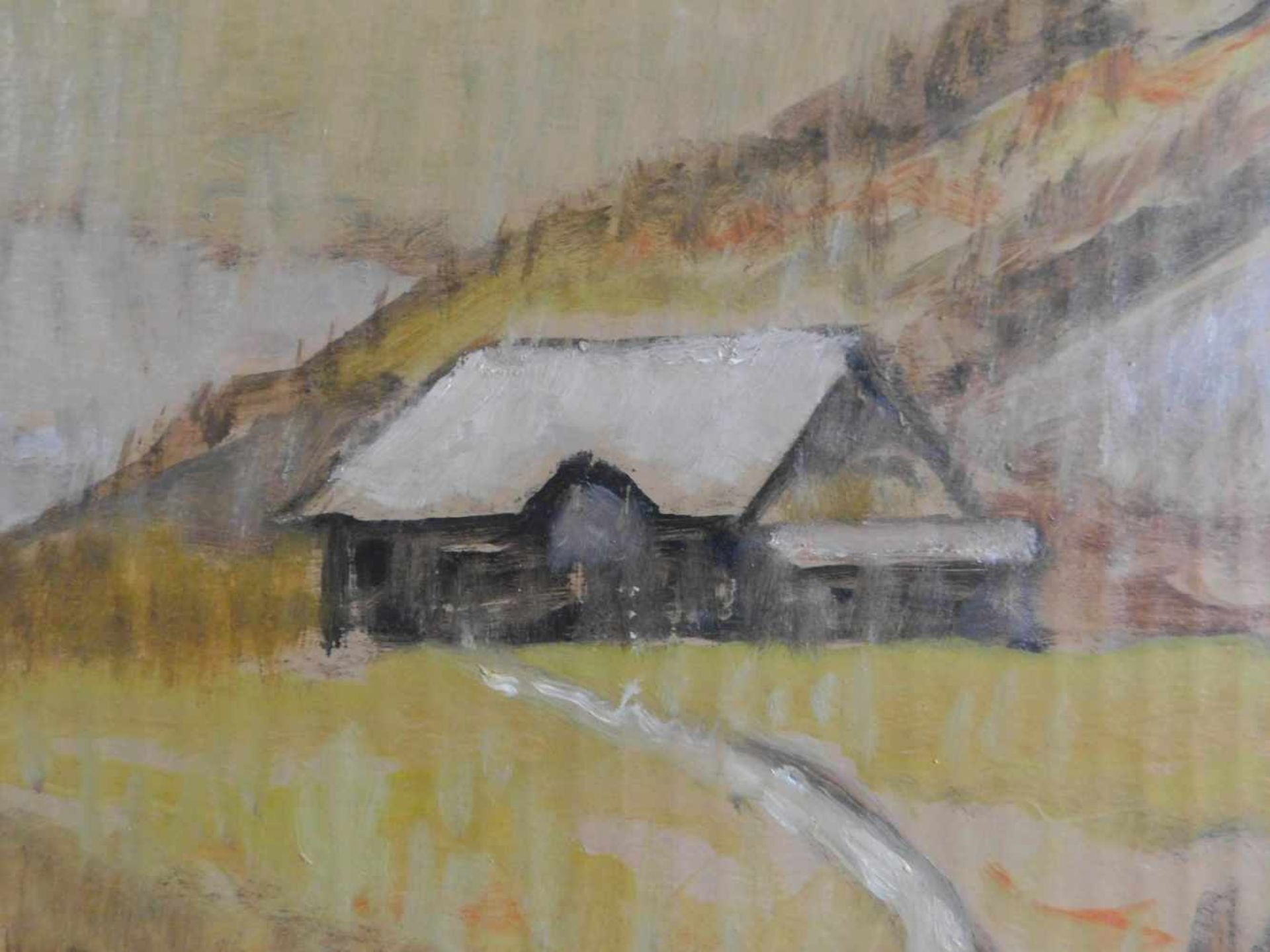 Anton Ender, 1898 Blaichach - 1984 Vaduz, Berghütte in Malbun, Öl auf Pappe, signiert unten links, - Bild 3 aus 6