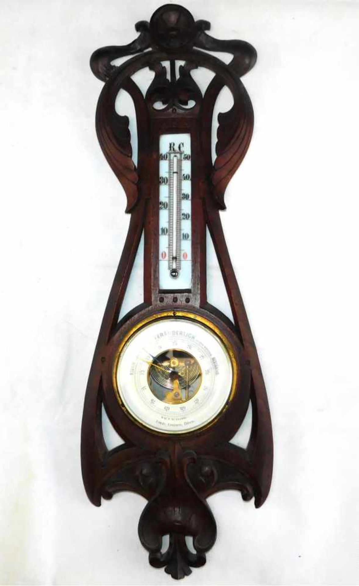 Barometer Thermometer Jugendstil, deutsch um 1900, Eiche, florale Schnitzereien, Friedr. Lennartz,
