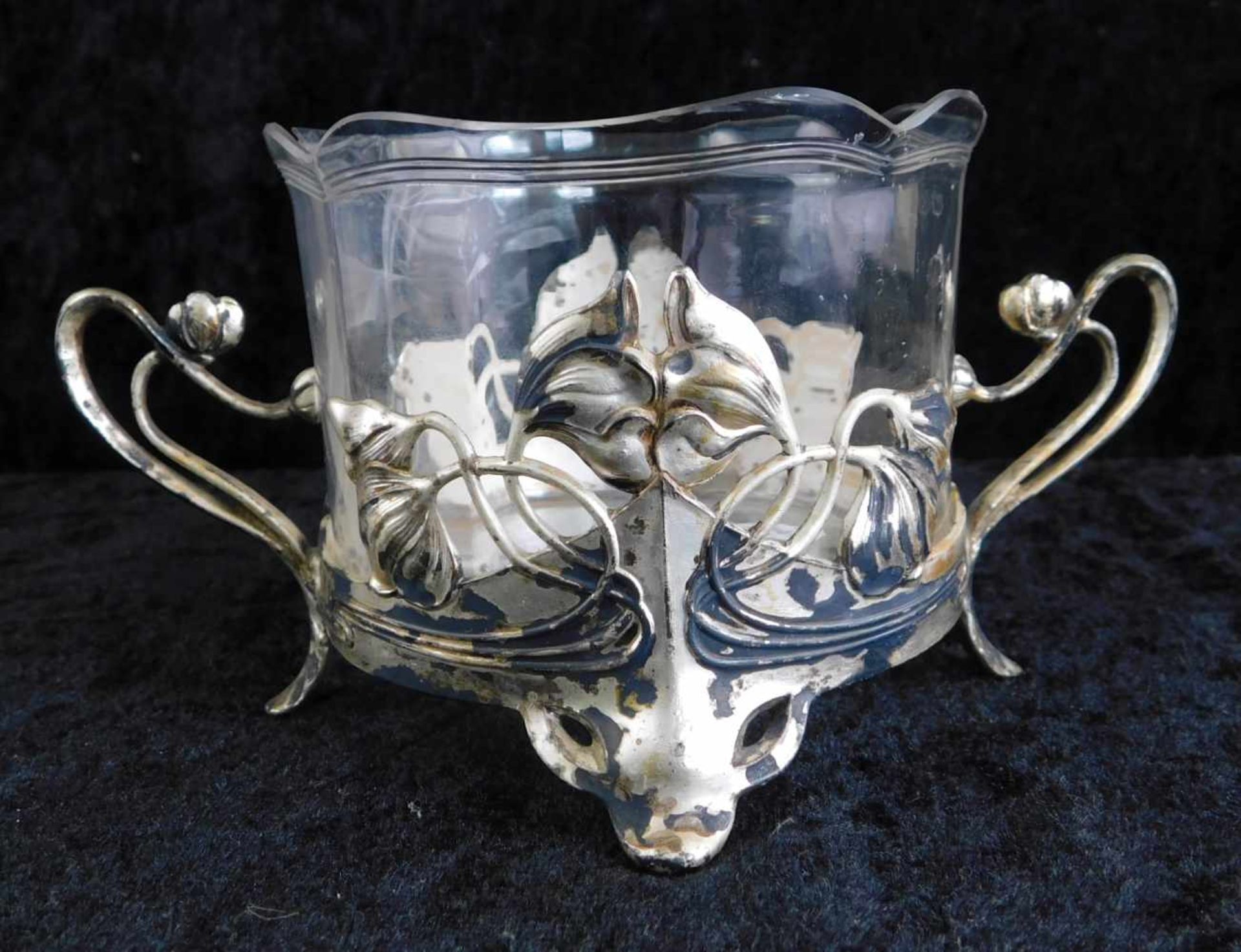 WMF Glasgefäß mit Metallmontierung, Jugendstil um 1920, Blumenornamentik, 2-teilig auf 4 Füßen