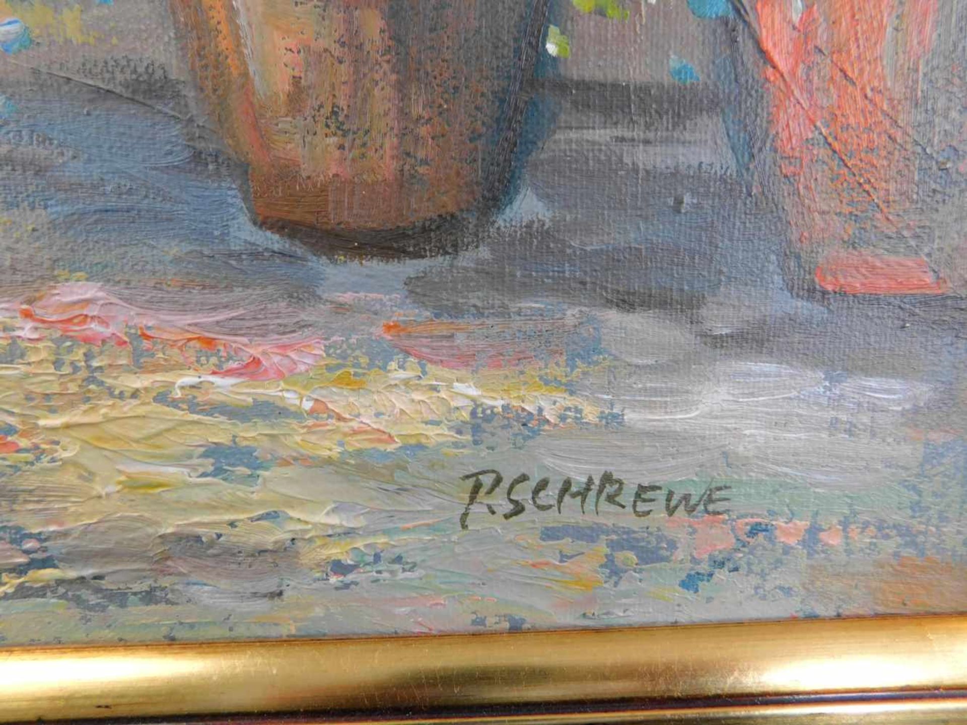 P.Schrewe, Fensteransicht mit Bepflanzung, Acryl auf Leinwand, signiert unten rechts,m.R. - Bild 3 aus 4