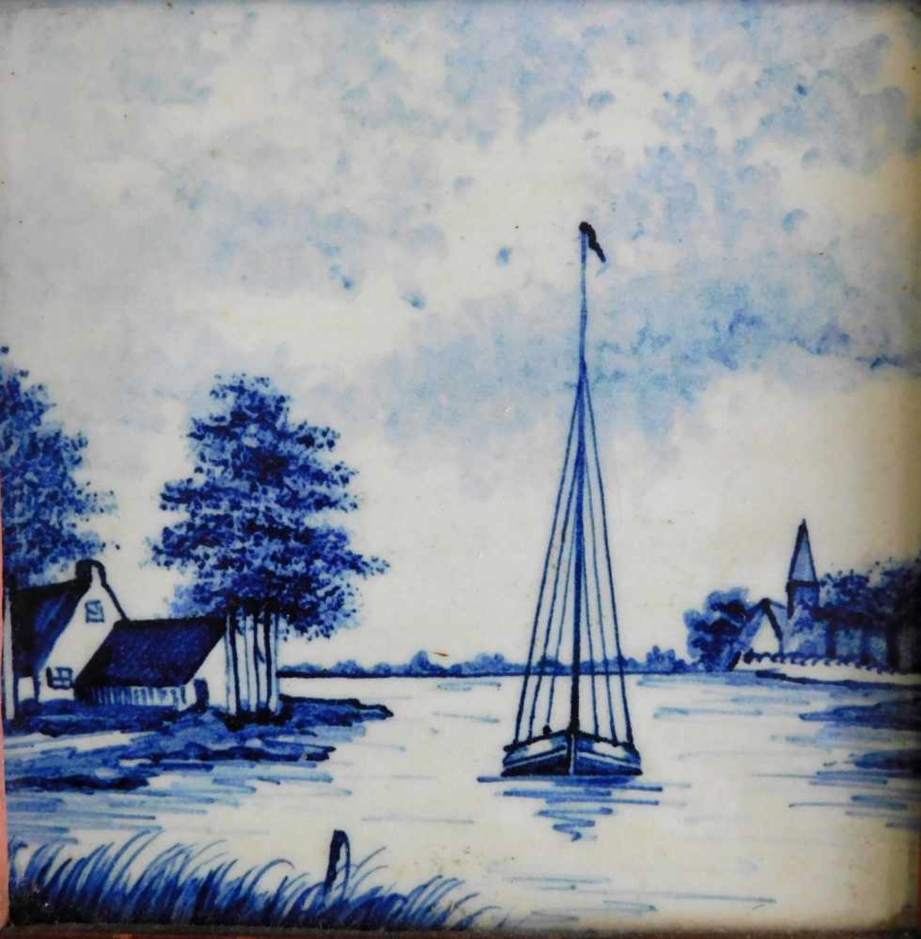 Delfter Kachel, Darstellung Segelschiff m. Häusern am Ufer, rückseitig MOSA, Made in Holland - Bild 2 aus 3