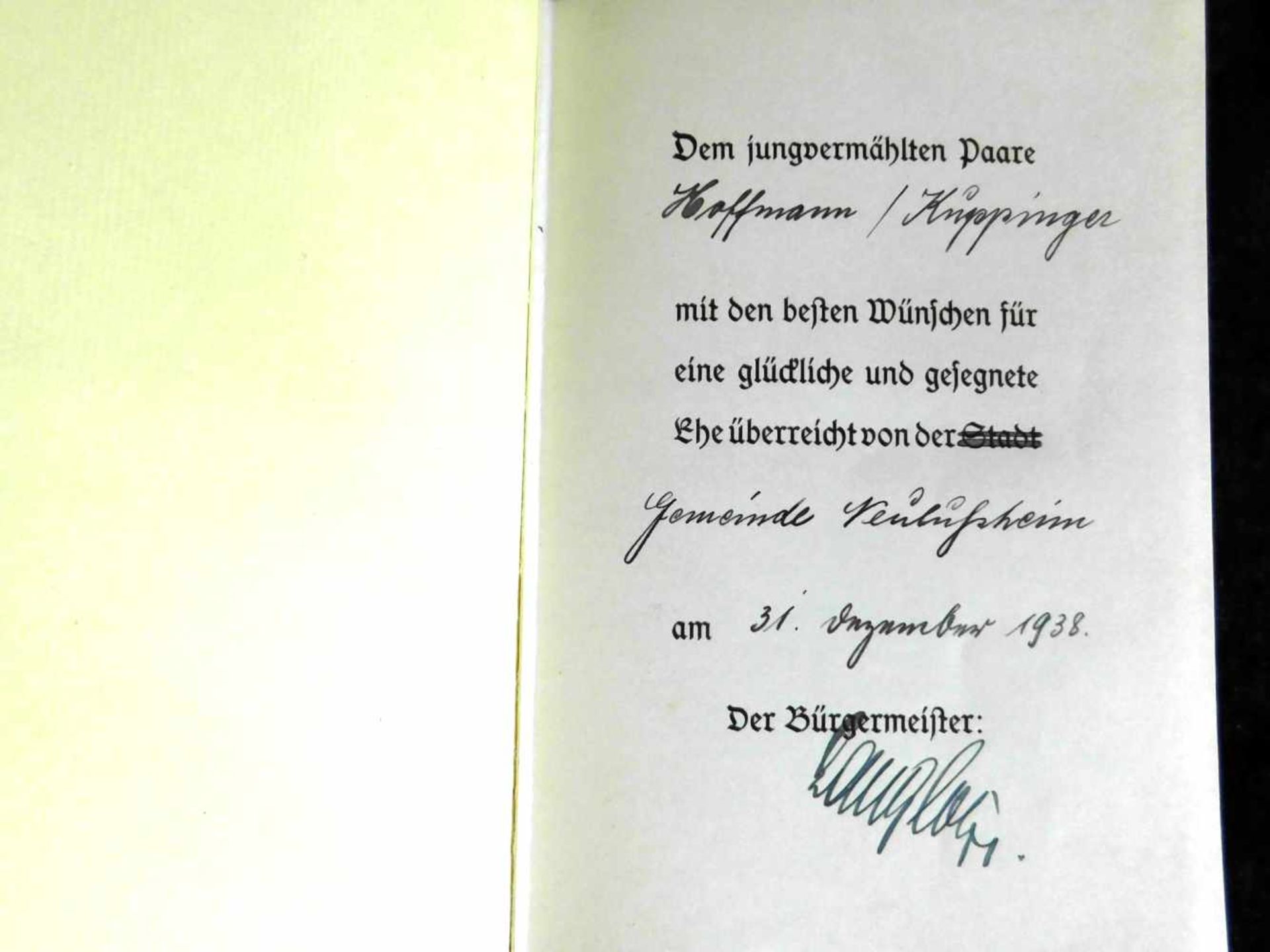 Mein Kampf, Adolf Hitler, Hochzeitsausgabe, 1938, Lederbuchrücken schwarz m. goldfarb. Beschriftung, - Image 4 of 8