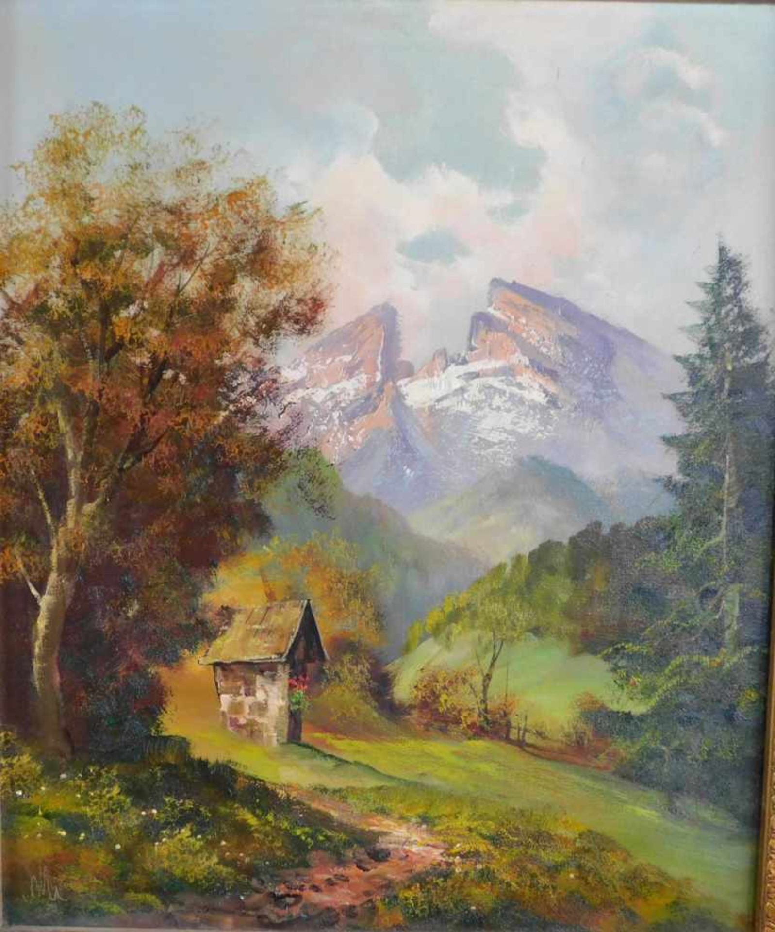 Unbek. Künstler, 2.H.20.Jhdt., Alpenlandschaft mit Materl, Öl auf. Leinwand, signiert unten links, - Bild 2 aus 6
