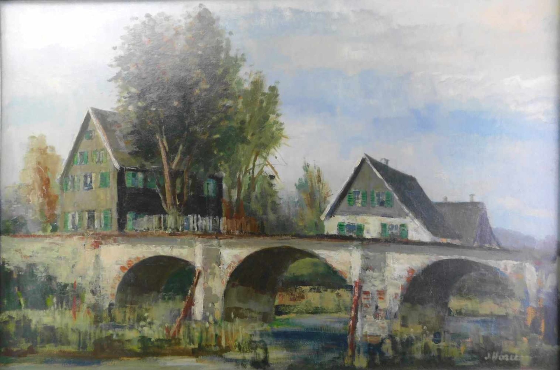 Josef Horn, 1902 Gevelsberg- 1951 Barmen/Wuppertal, Alte Kräwinklerbrücke, Öl auf Platte, sign. - Bild 2 aus 6