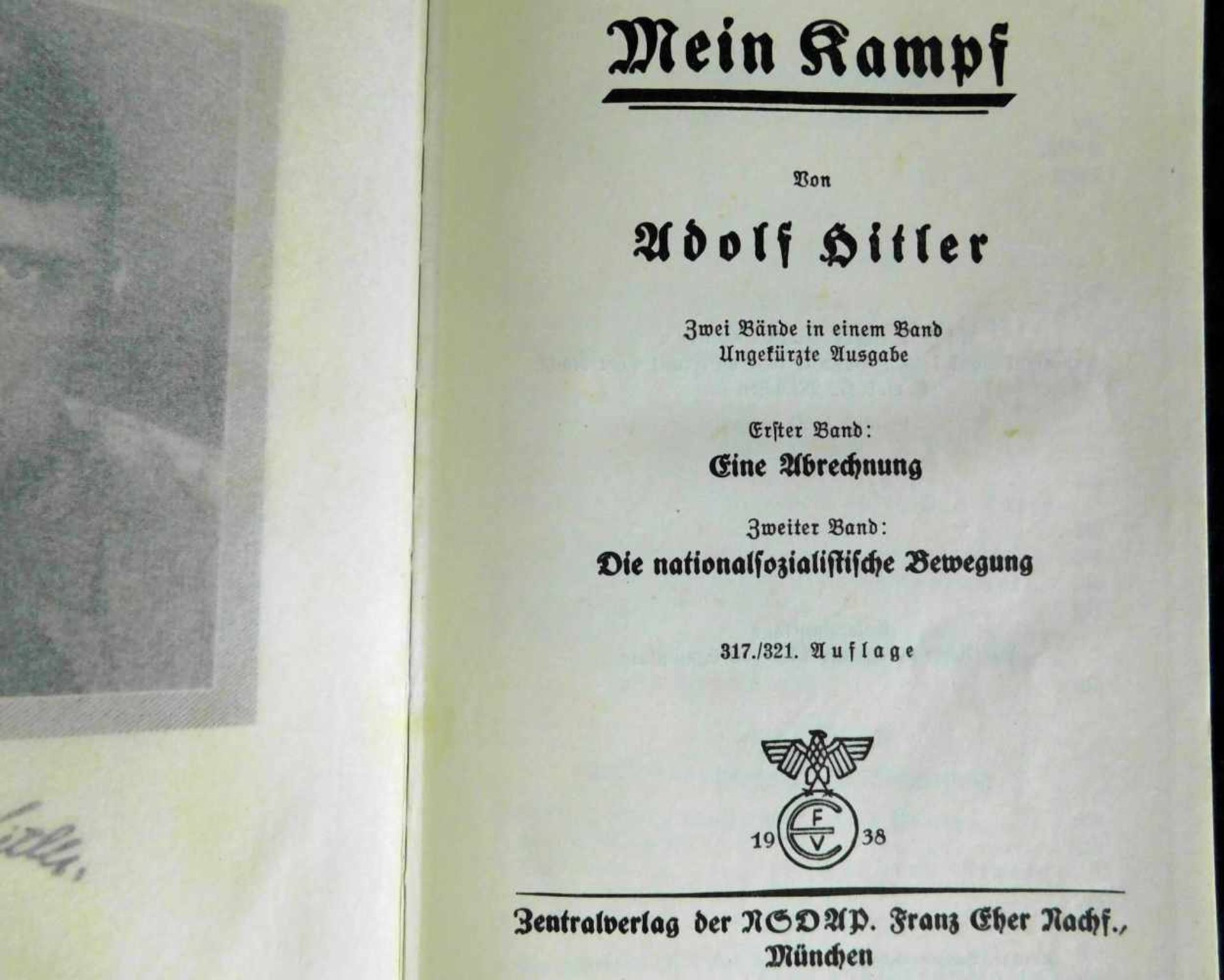 Mein Kampf, Adolf Hitler, Hochzeitsausgabe, 1938, Lederbuchrücken schwarz m. goldfarb. Beschriftung, - Image 6 of 8