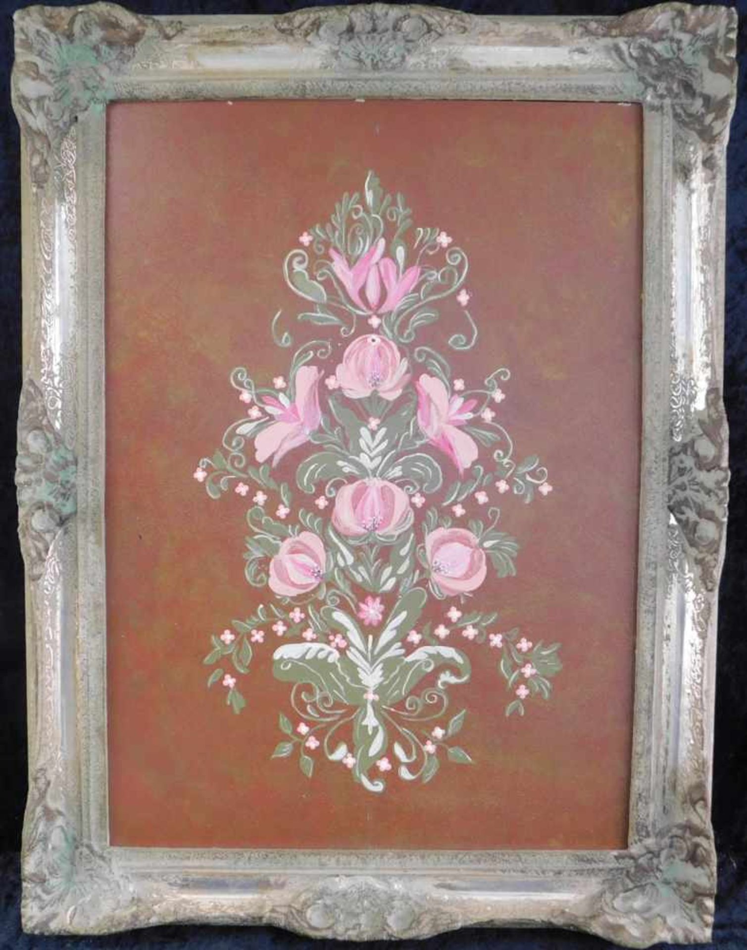 Unbek. Künstler, Stillleben, Blumenornament, Öl auf Platte, m.R., Maße ohne Rahmen 70 x 50 cm