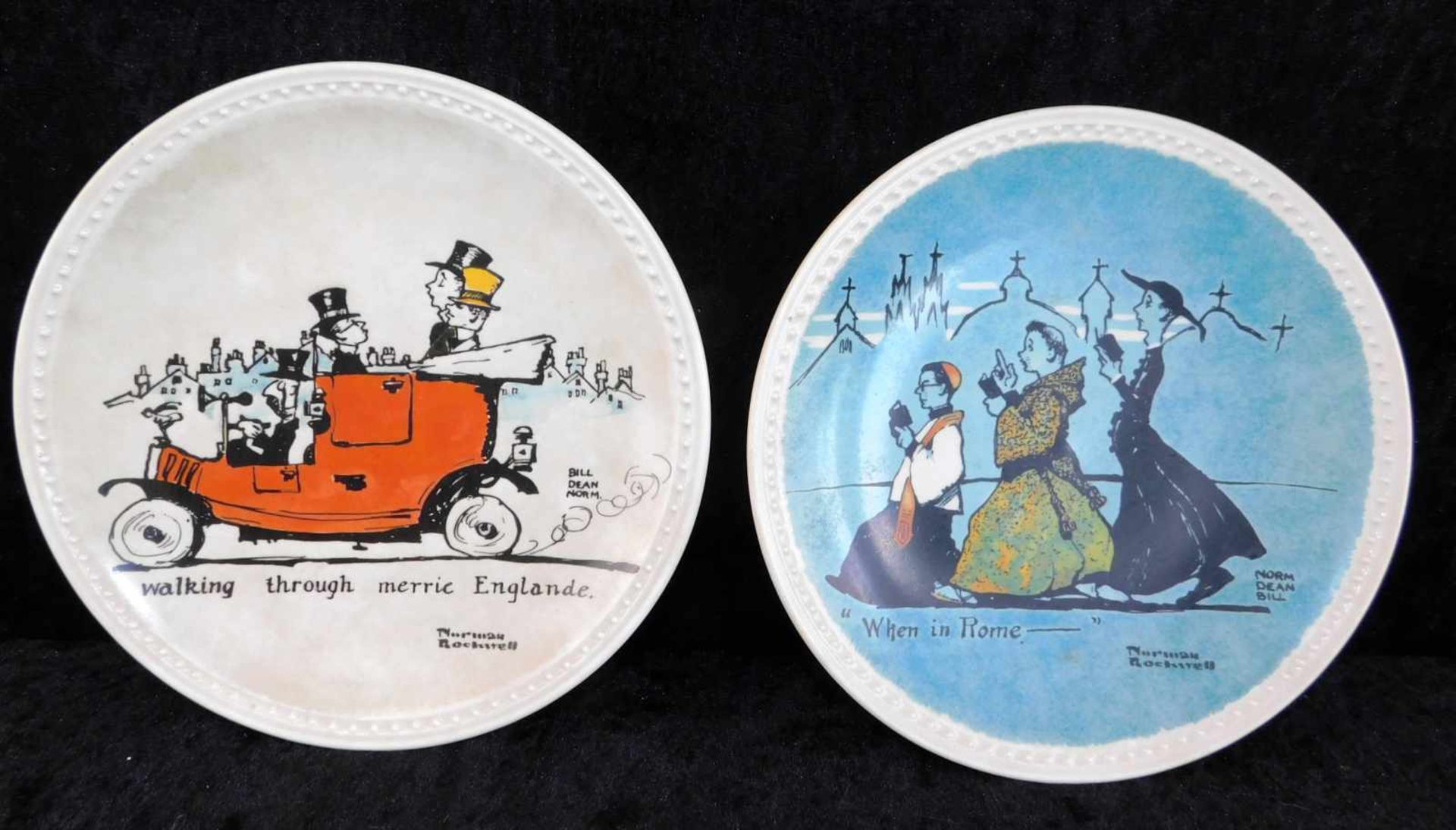 2 Sammelteller, Newell Pottery Co. 1982, "Walking through merrie Englande" und "When in Rome", Ø