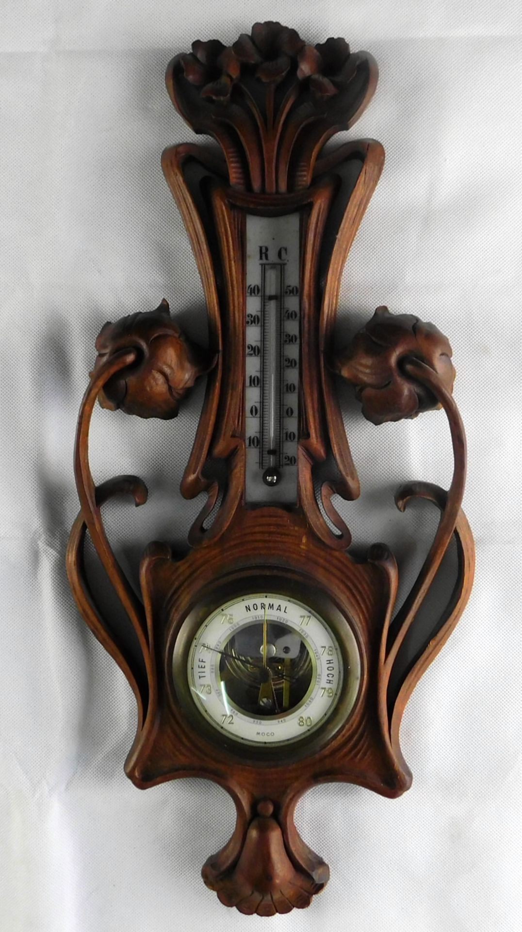 Barometer Thermometer Jugendstil, deutsch um 1900, florale Schnitzereien, MOCO