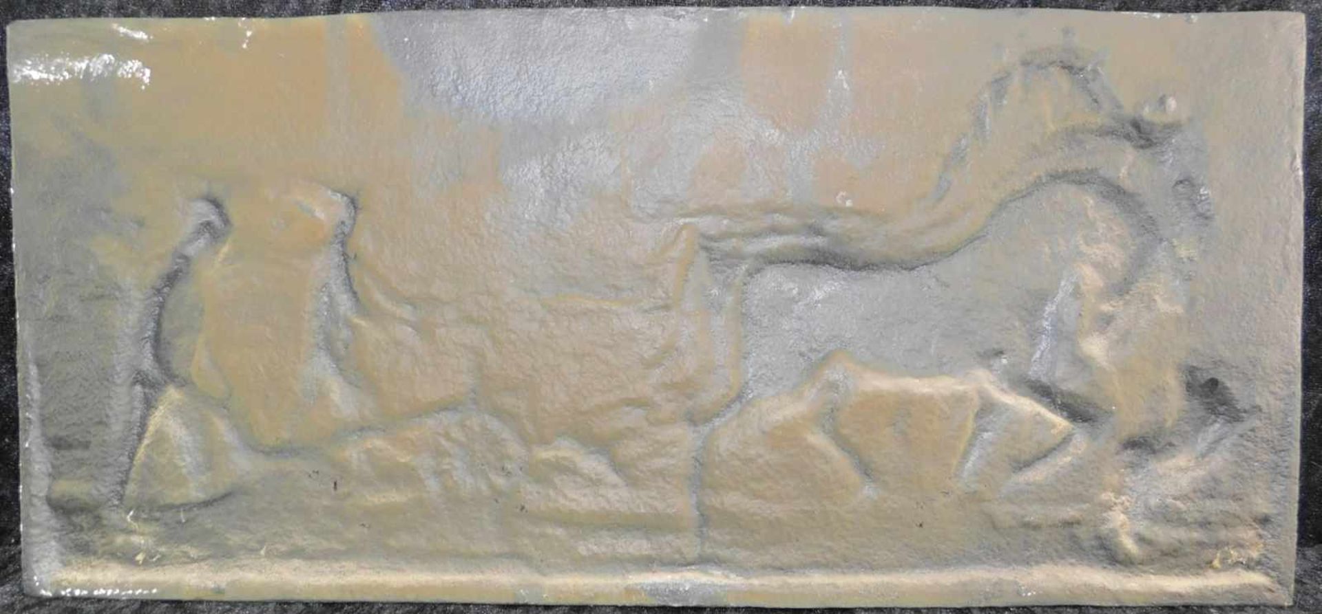 Eisenrelief, 2.H.20.Jhdt., "Pflügende Bauern" mit 3 Pferden und Hund, Eisenguss 6,6 kg, 23 cm x 50 - Bild 2 aus 2
