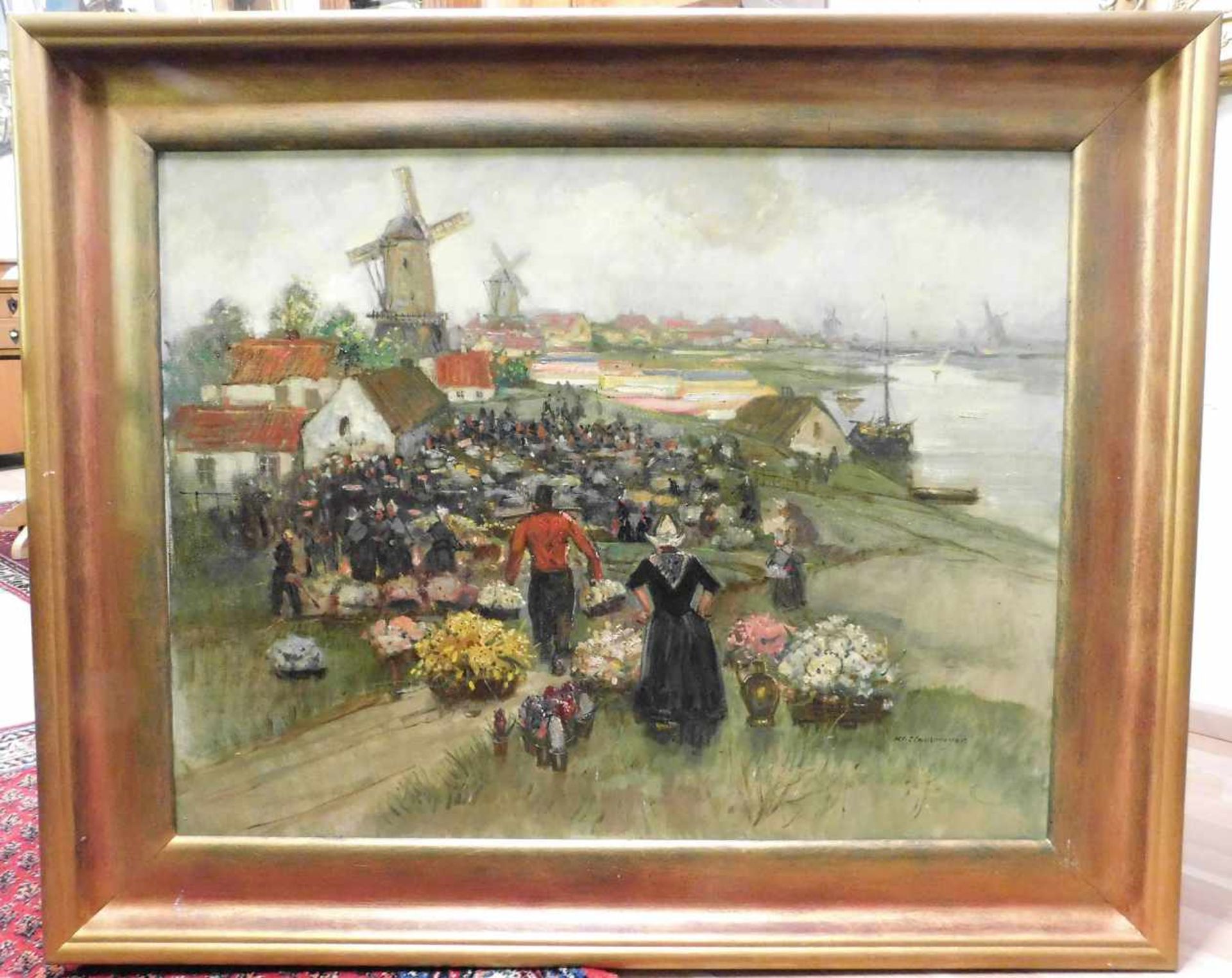 Klaus Clausmeyer, 1887 Düsseldorf - 1968 Düsseldorf, Holländischer Blumenmarkt, Öl auf Leinwand, m.