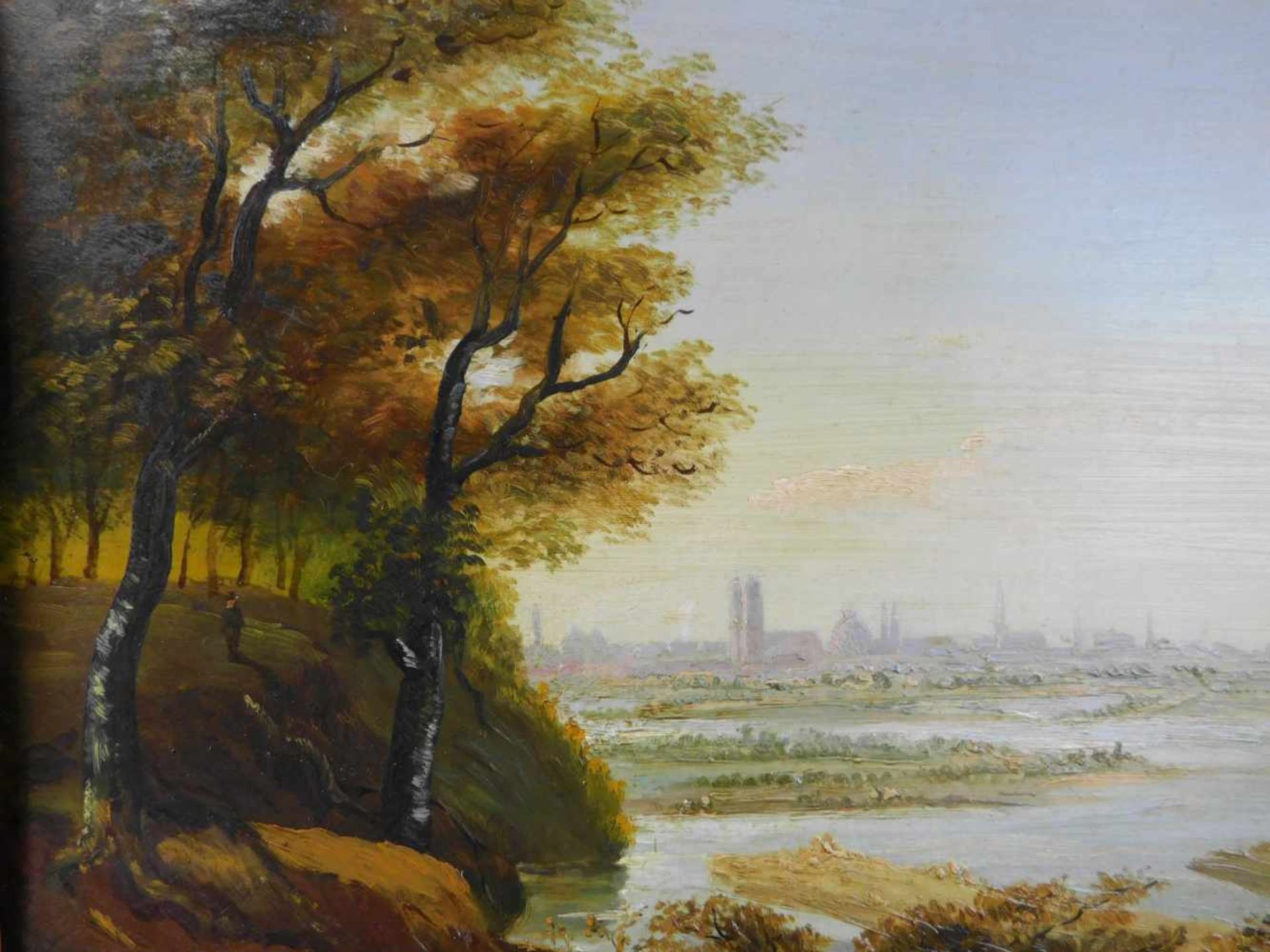 Unbek. Künstler, Flusslandschaft mit Stadtsilhouette, Öl auf Platte, 1.H.20.Jhdt., m.R. - Bild 4 aus 5