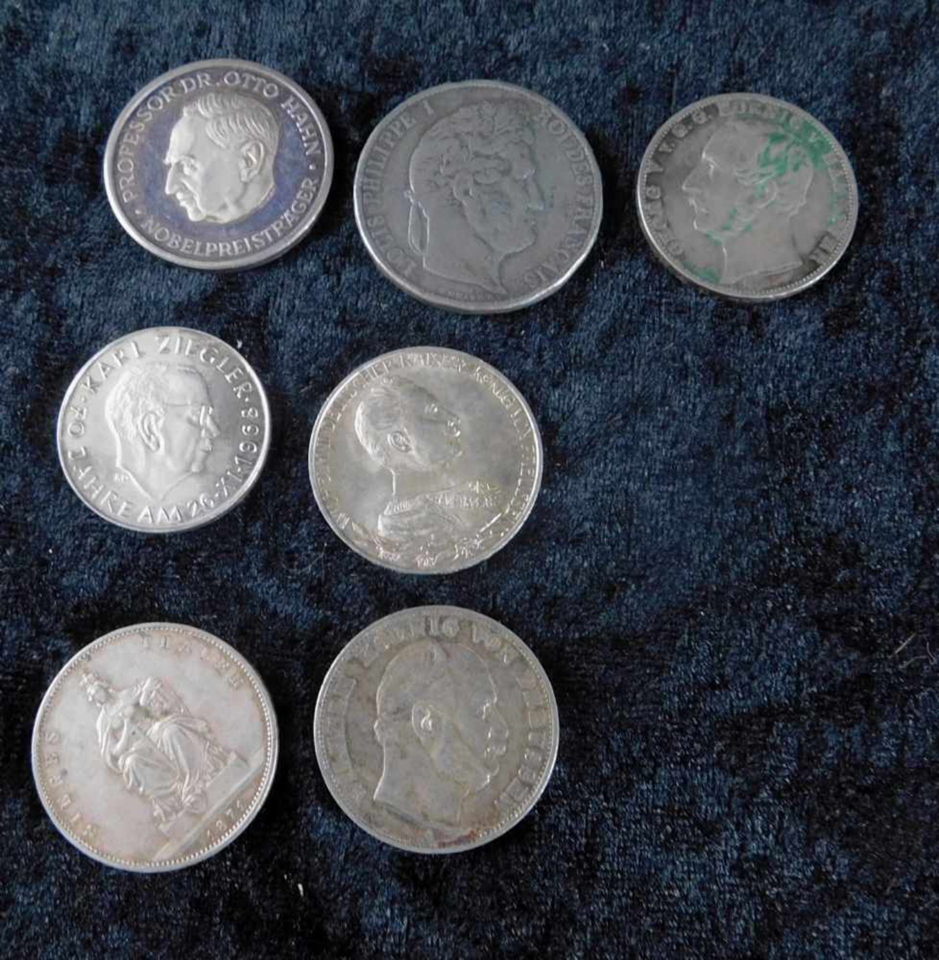 7 Silbermünzen: Otto Hahn, Louis Philippe I., Georg V., Karl Ziegler, Wilhelm II.