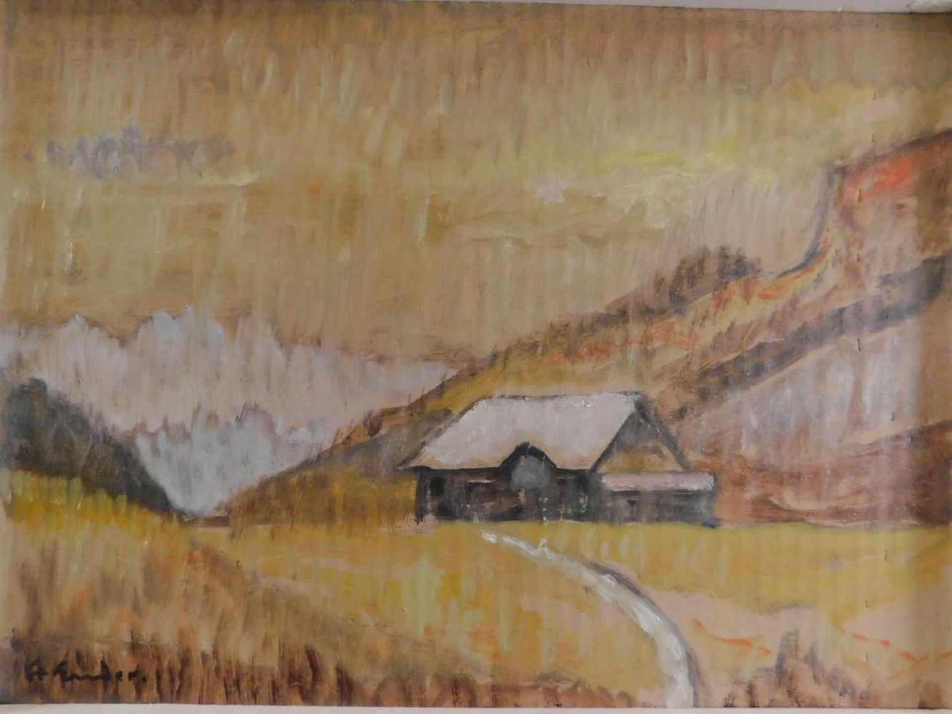 Anton Ender, 1898 Blaichach - 1984 Vaduz, Berghütte in Malbun, Öl auf Pappe, signiert unten links, - Bild 2 aus 6