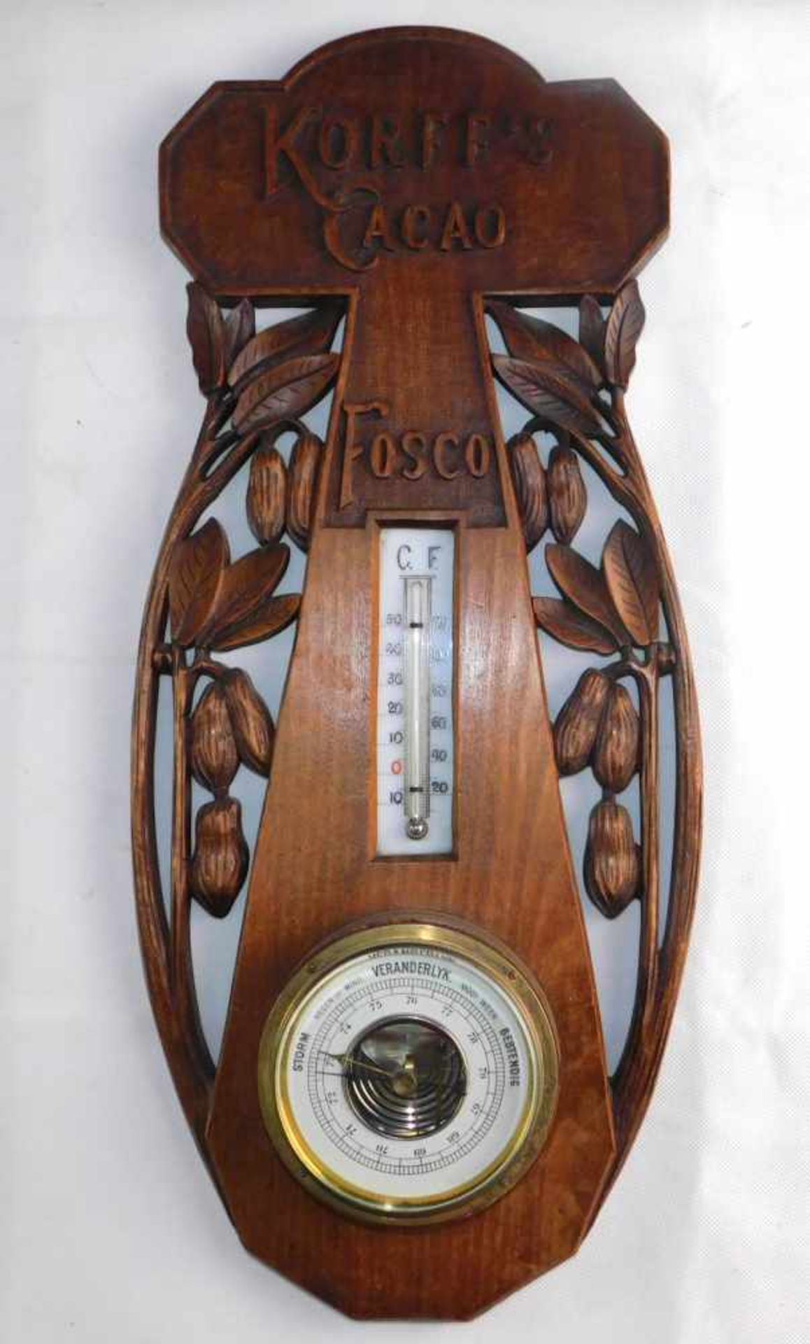 Barometer Thermometer Jugendstil, niederl. um 1900, florale Schnitzereien, Korff´s Cacao,