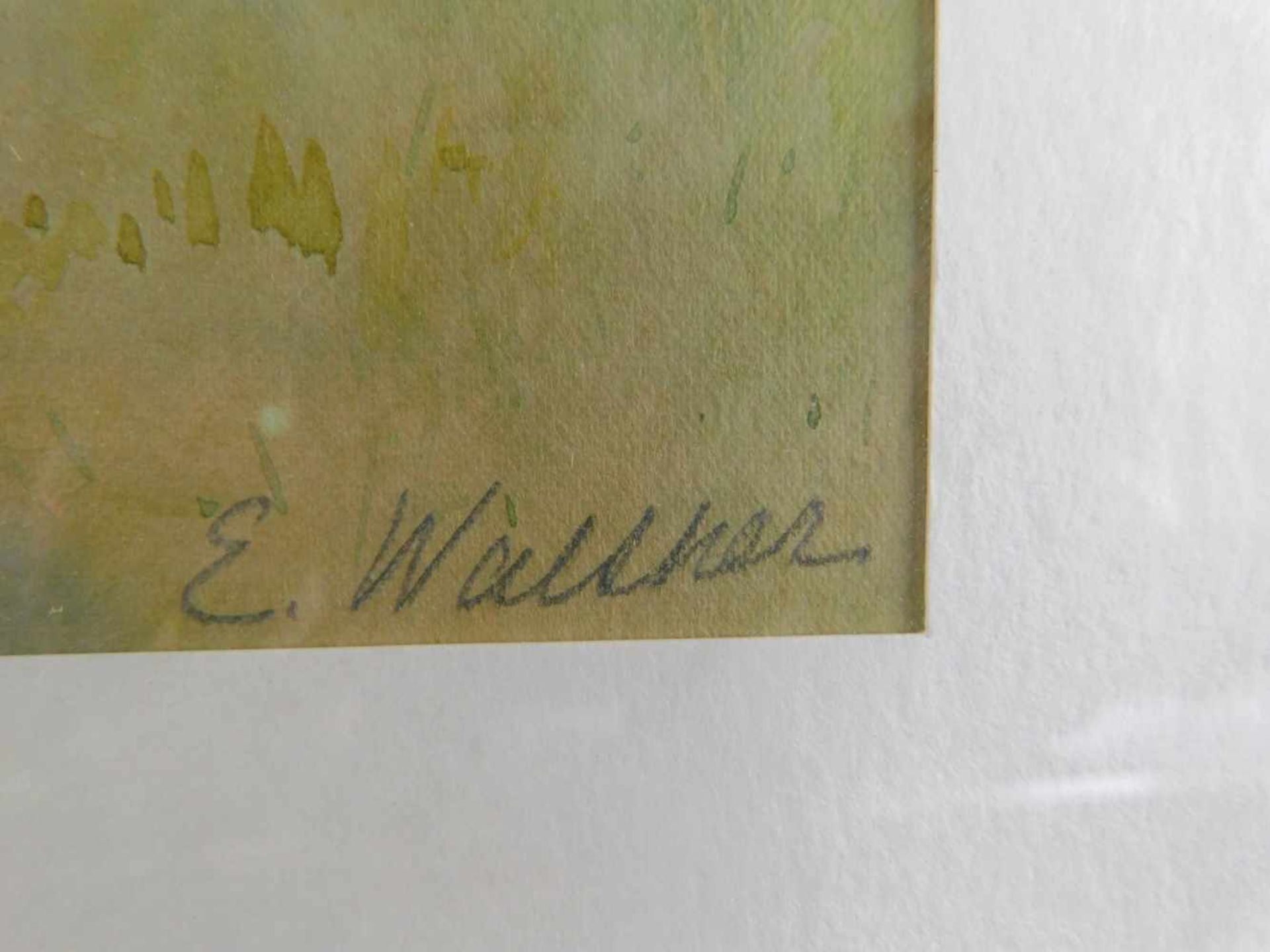 E. Walther, Maler XX., Bauerngehöft mit Bäuerin, signiert unten rechts, Aquarell gerahmt hinter - Bild 3 aus 3