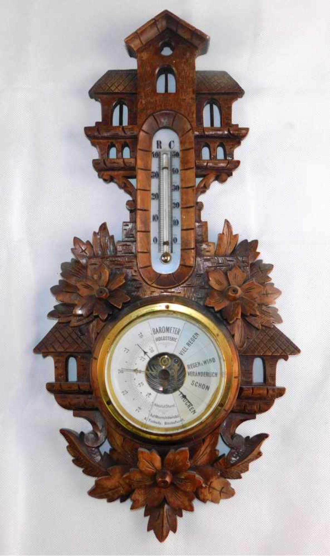 Barometer Thermometer Jugendstil, Schweiz um 1900, florale Schnitzereien, Tschudy,